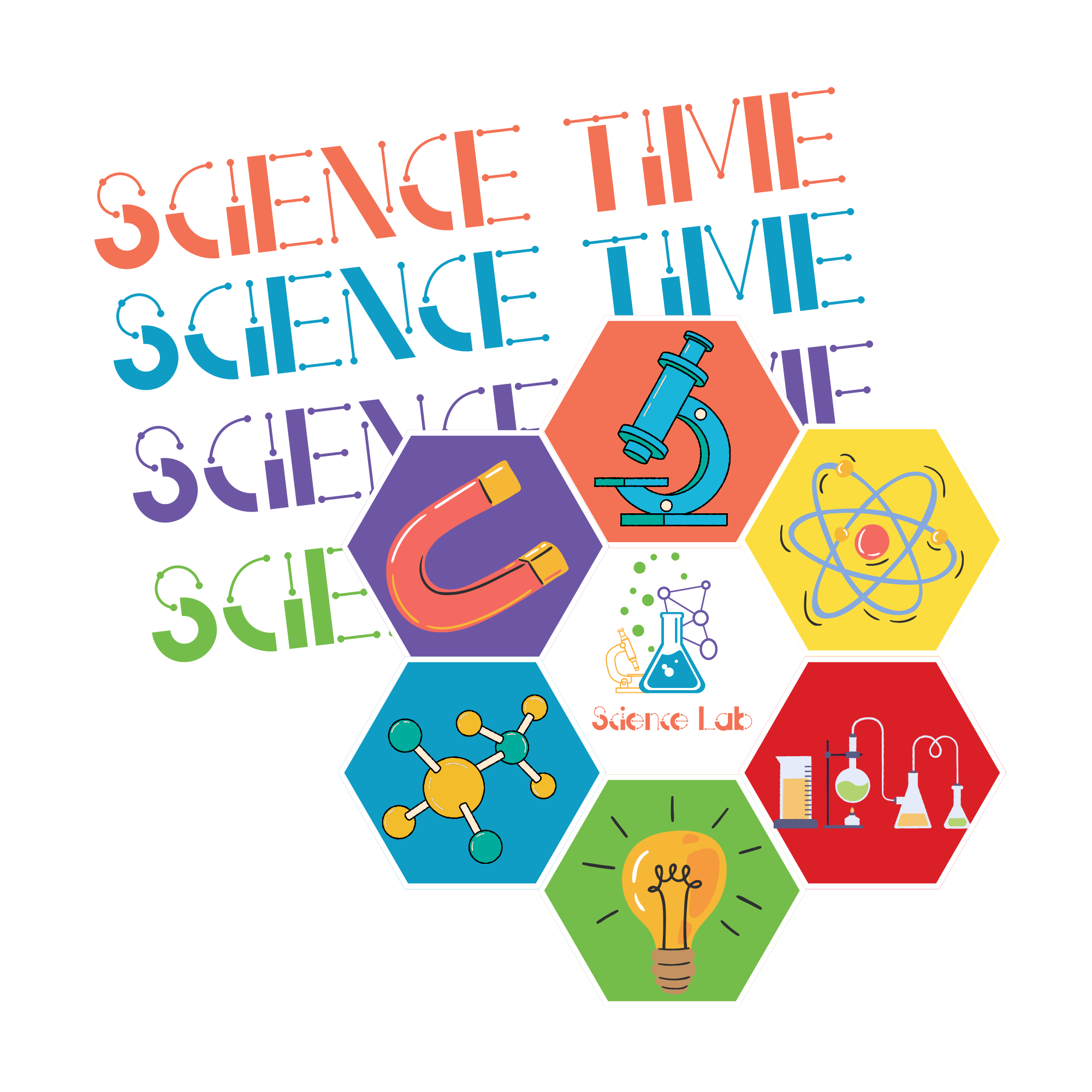 Colorful illustration featuring the words 'Science Time' repeated multiple times, with various scientific icons such as a microscope, magnet, atom, molecular structure, lightbulb, and laboratory glassware in hexagonal frames, and a small sign reading 'Science Lab'.