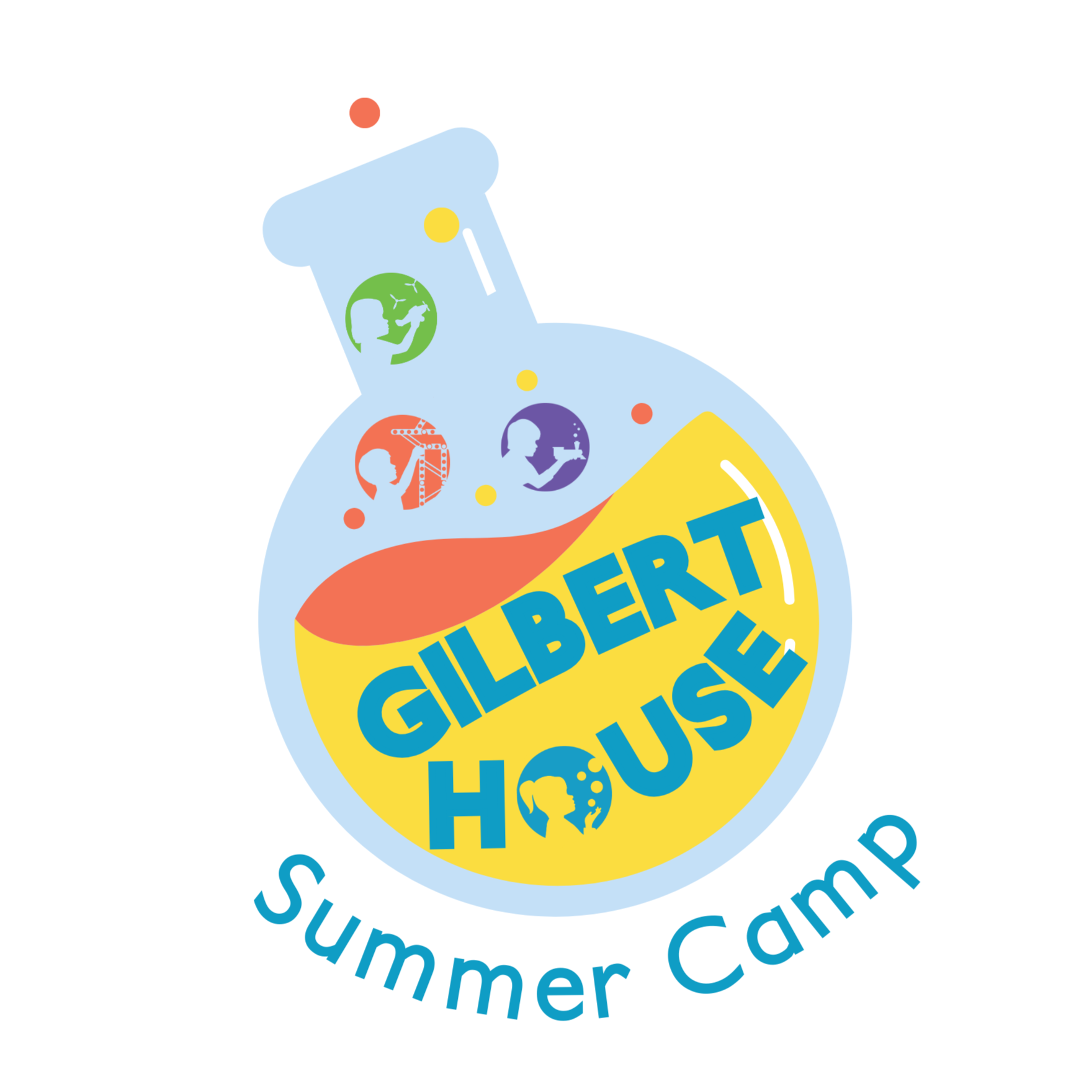 Colorful logo for Gilbert House Summer Camp featuring a large laboratory flask with the camp's name inside and images of children engaging in science activities. The phrase 'Summer Camp' is at the bottom.