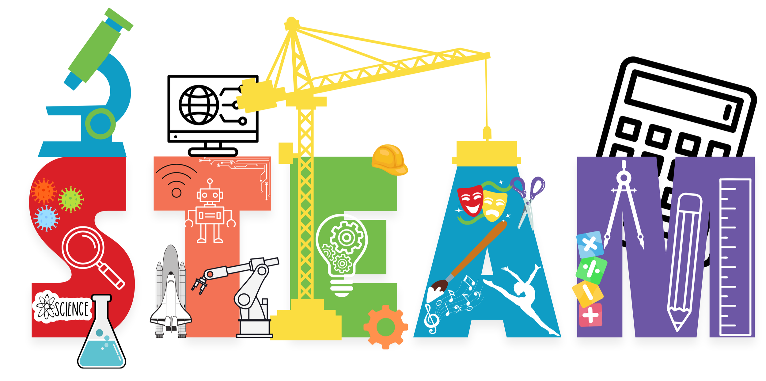A colorful graphic of the word "STEAM" (Science, Technology, Engineering, Arts, Math) where each letter is made of icons like a microscope, robot, crane, drama masks, and a calculator.
