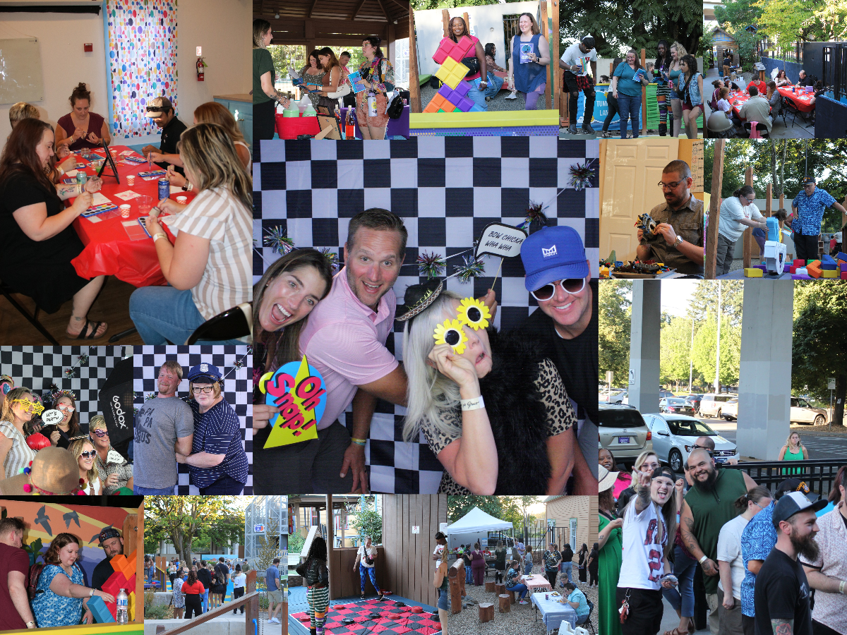A collage of photos from a lively outdoor community event with people participating in games, socializing, and enjoying various activities.