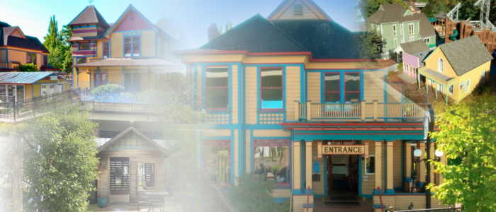 Campus montage: Rockenfield House, Gilbert House, Bill's Bubble Factory, Parrish House, & Nature's Workshop aerial view.