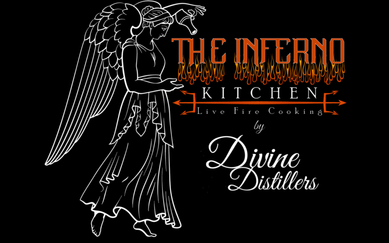 Logo for The Inferno Kitchen by Divine Distillers featuring an angel with wings, holding a tray, with flames in the text.