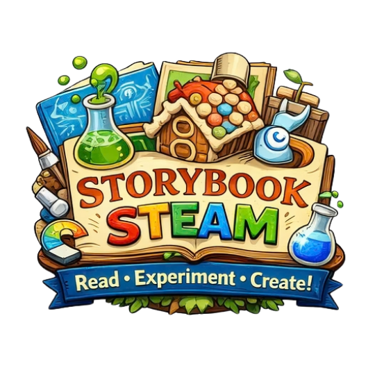 Colorful educational logo for Storybook STEAM with books, science beakers, a gingerbread house, and creative tools, encouraging reading, experimenting, and creating.