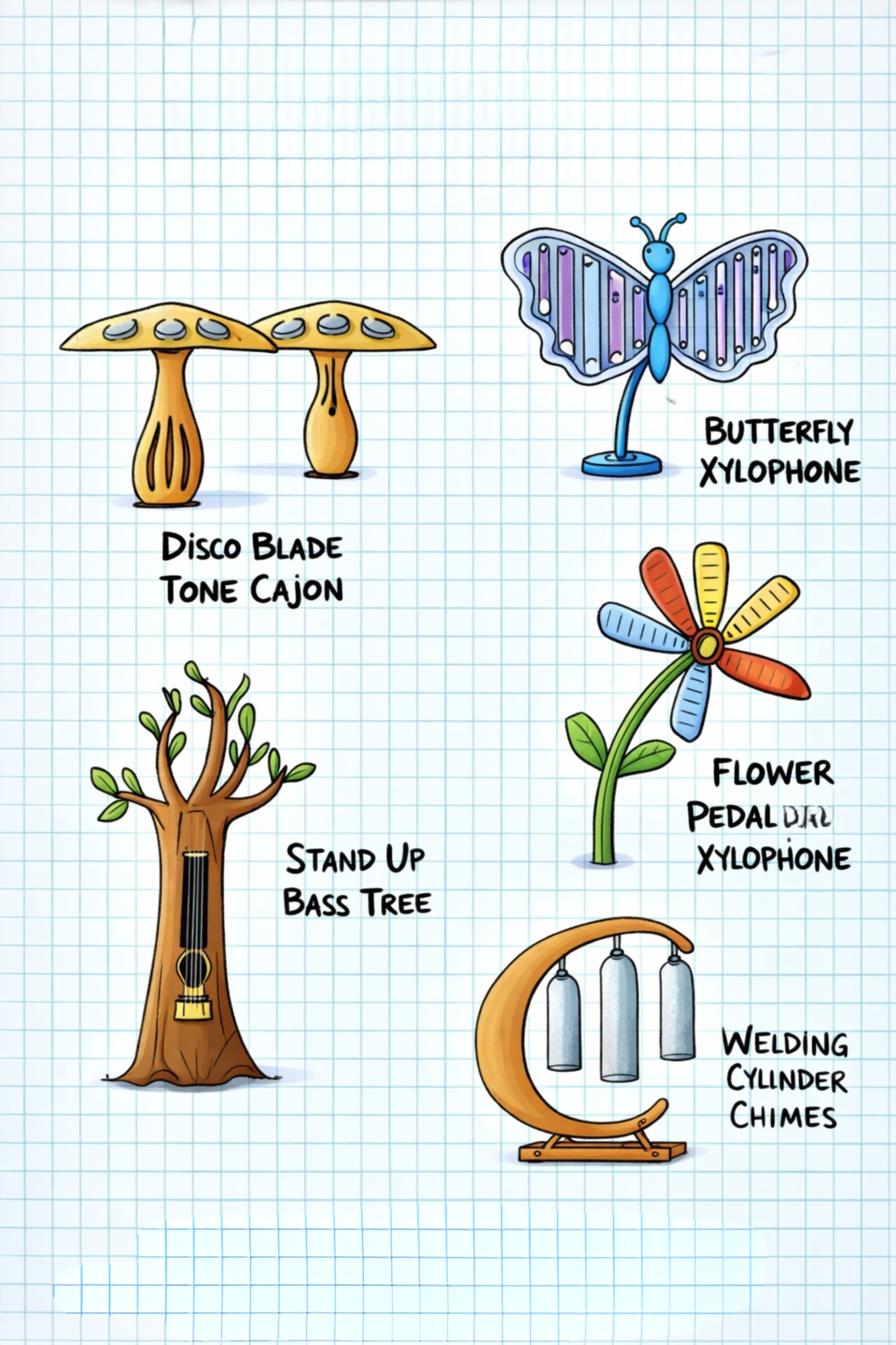 Illustration of musical instruments designed to look like natural objects, including two mushrooms labeled Disco Blade Tone Cajon, a butterfly xylophone, a flower pedal xylophone, a bass tree stand, and a welding cylinder chimes.