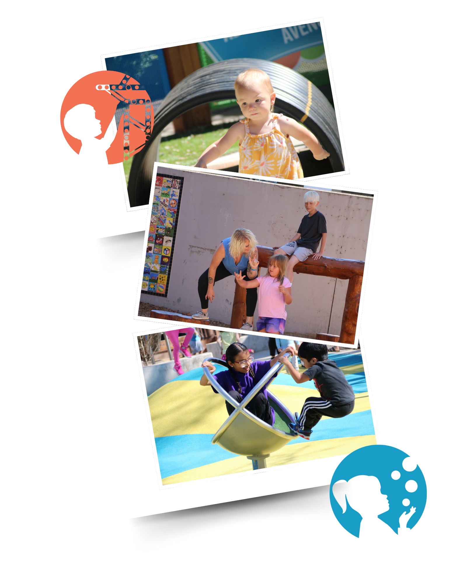 A vertical stack of three photos showing, A woman and two children playing on outdoor wooden logs, toddler walking in adventure ave,  two children on a spinning playground toy.
