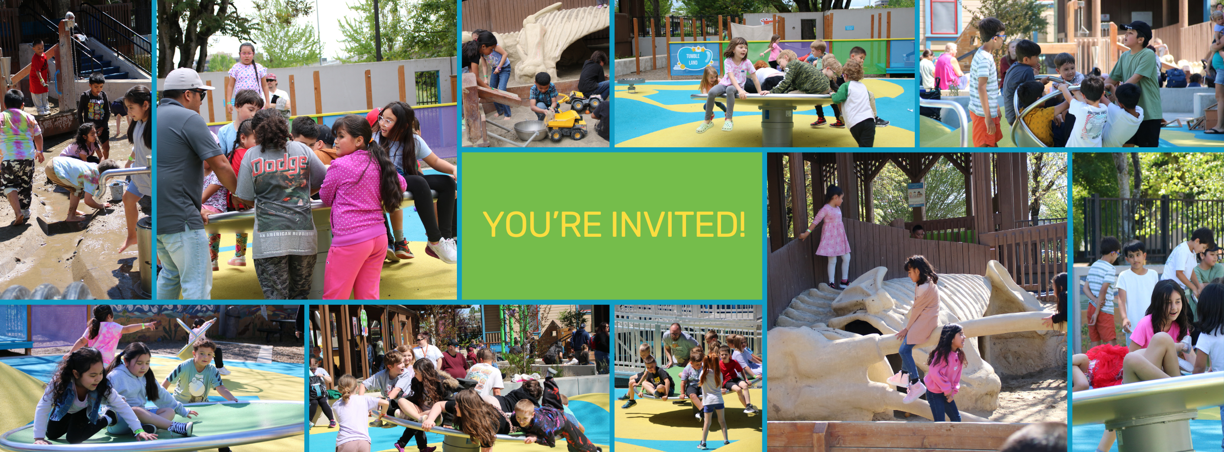 Children playing and exploring at a colorful outdoor playground with slides, sand play, climbing structures, and a sandbox area, during the daytime.