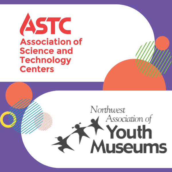 Logos for the Association of Science and Technology Centers (ASTC) and the Northwest Association of Youth Museums presented on a decorative purple and white background with colorful geometric accents.