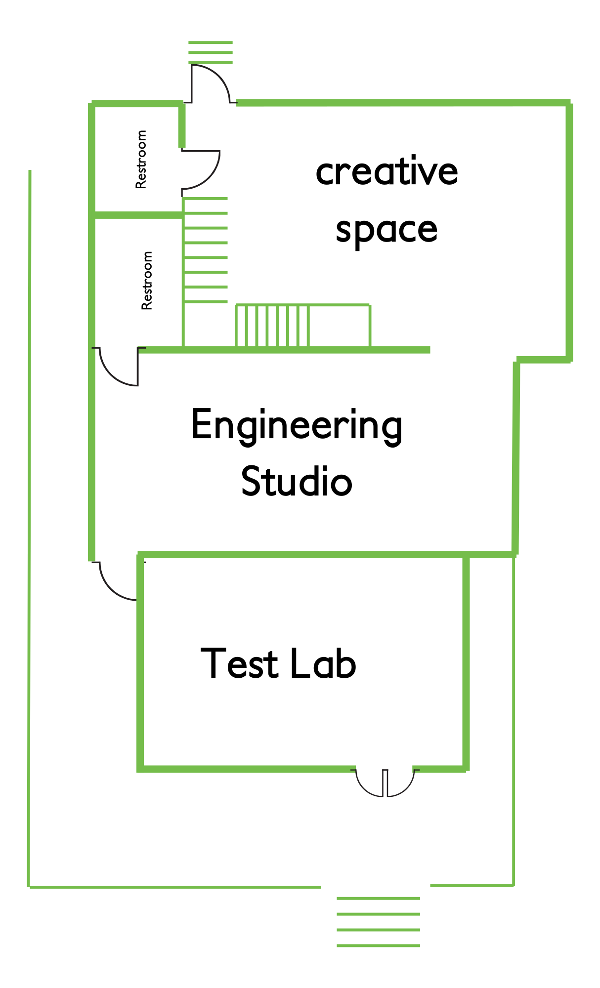 Floor plan for Parrish House Floor 1 featuring the Engineering Studio, Creative Space, and Test Lab interactive maker spaces for hands-on STEAM learning.