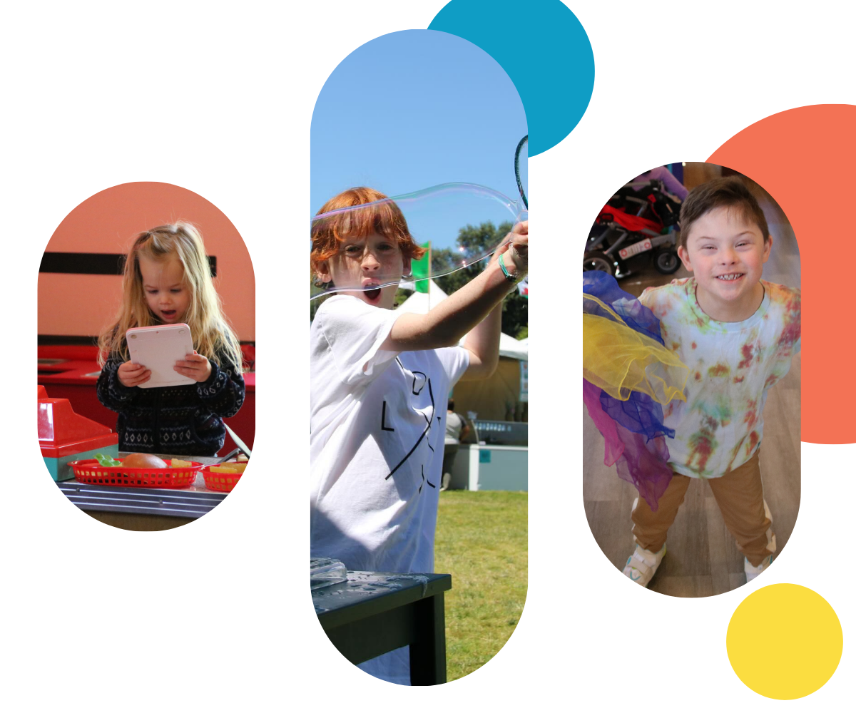 Montage of three diverse children engaged in museum play: a girl on a tablet near a toy cash register, a boy blowing a large bubble outdoors, and a happy child with a tie-dye shirt and flowing ribbons.