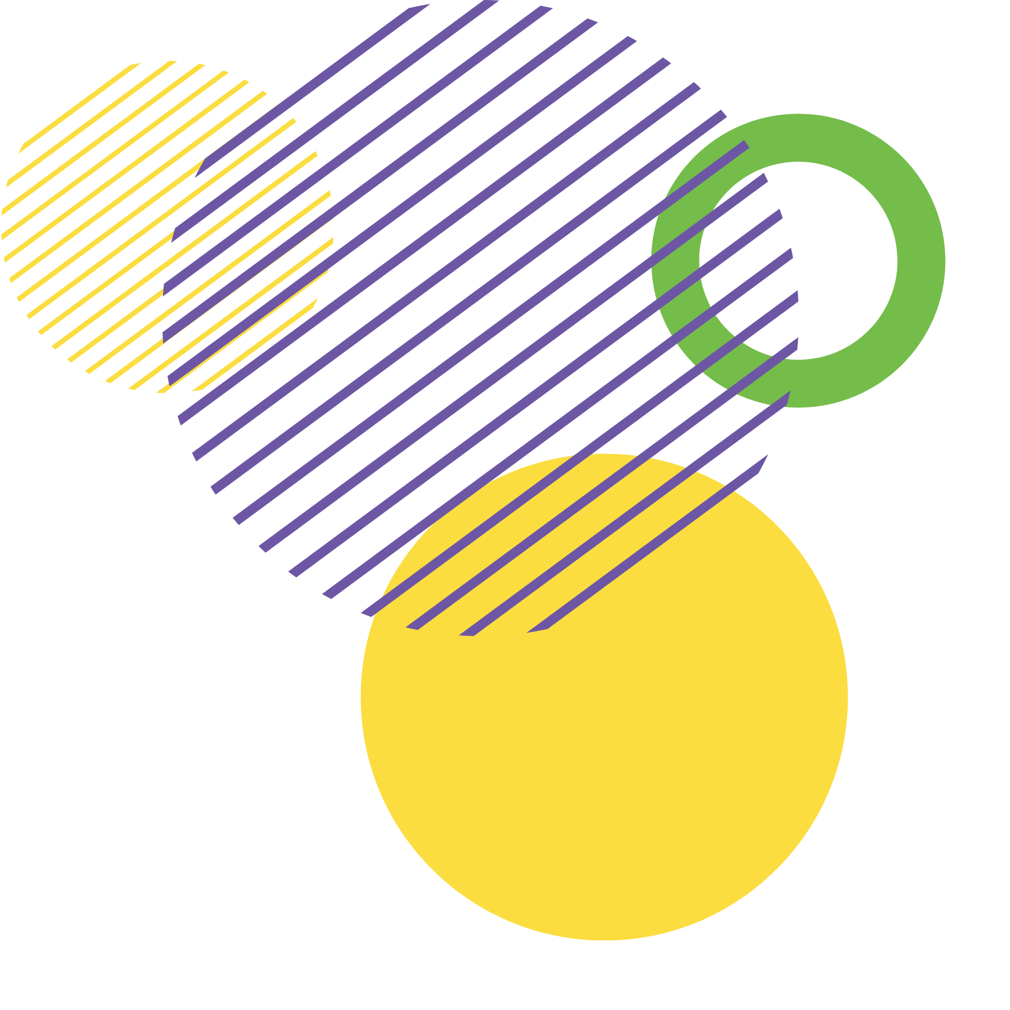 Abstract geometric art with striped blue rectangle, yellow circle, green ring, and partial yellow semicircle on black background.