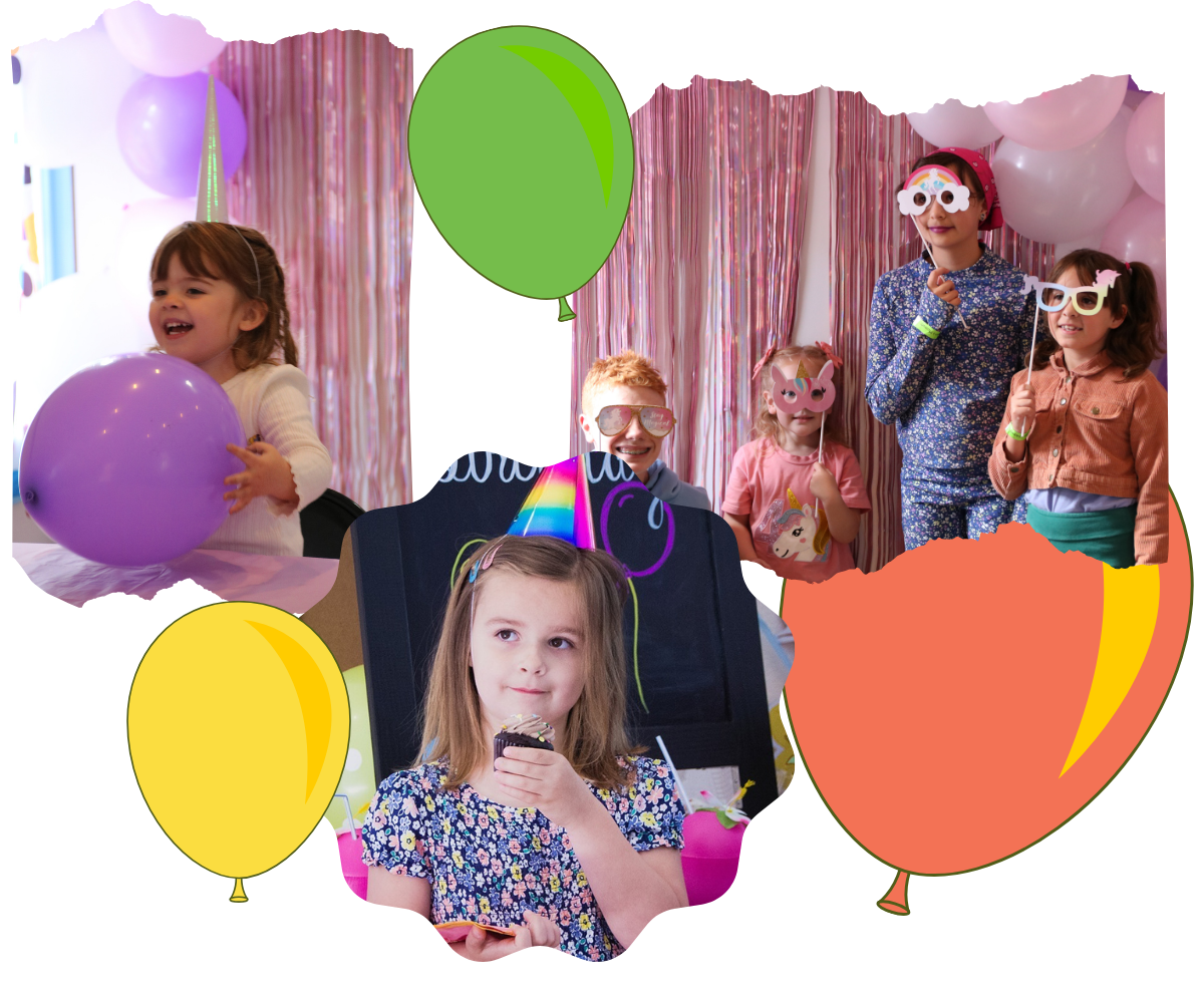Montage of happy children wearing novelty glasses and party hats, celebrating in a fun, balloon-filled room promoting birthday party and special event packages.