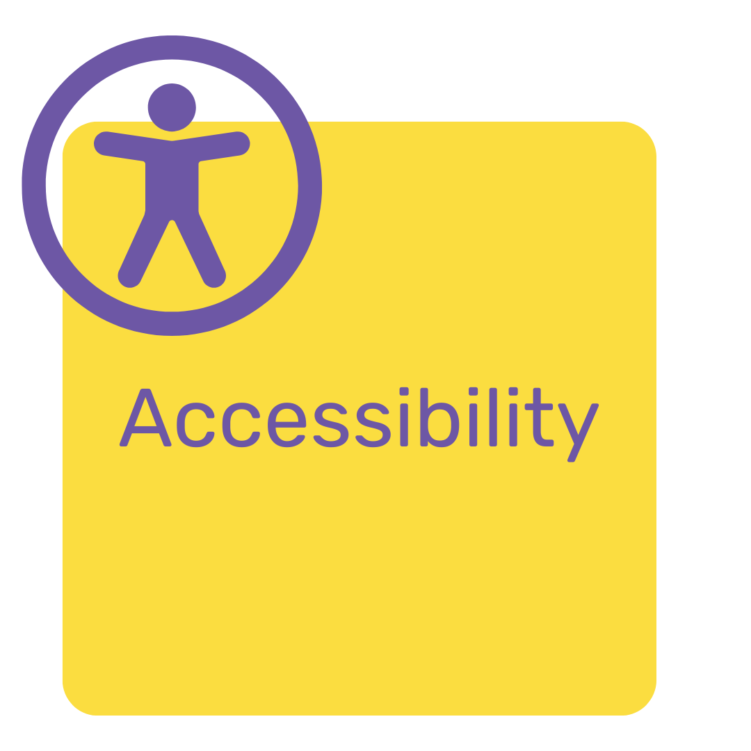 Yellow square sign with purple text that says "Accessibility" and a purple icon of a person with outstretched arms inside a circle.