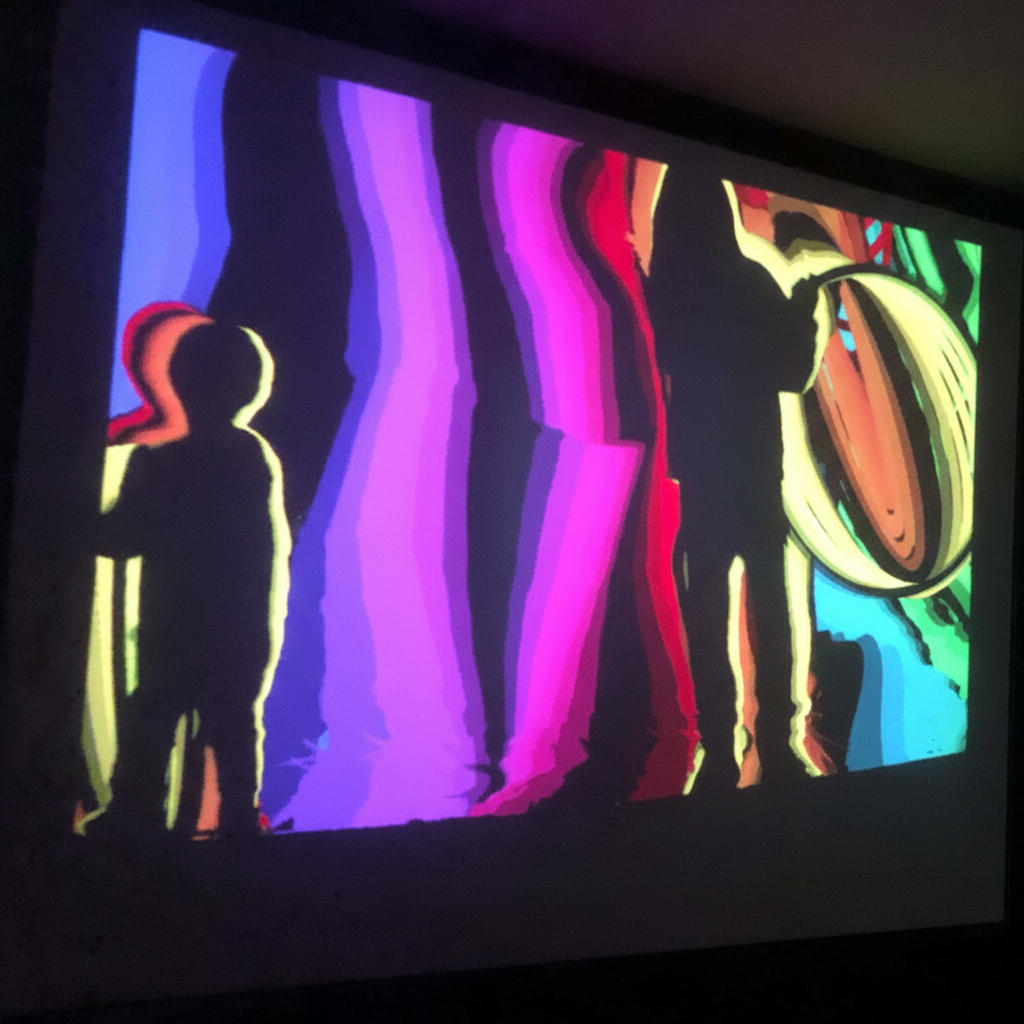 Silhouettes of two children against colorful, abstract neon background with vertical streaks and a large circular shape.