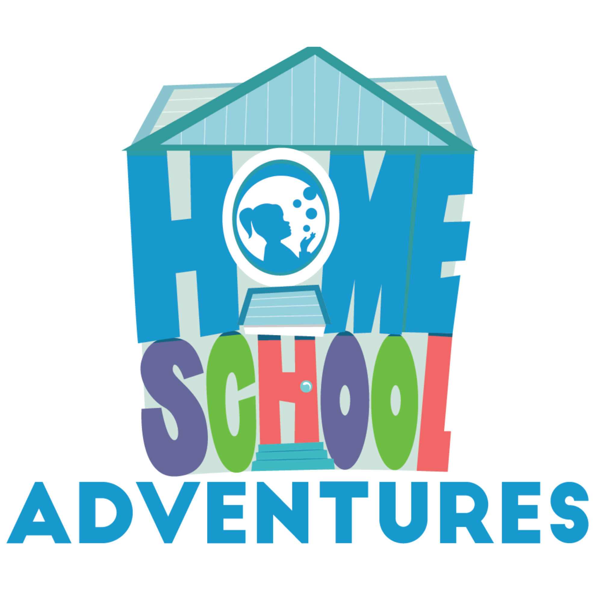 Colorful logo of a school with the words "School Adventures" underneath and a house-like building with a girl blowing bubbles inside a circle.