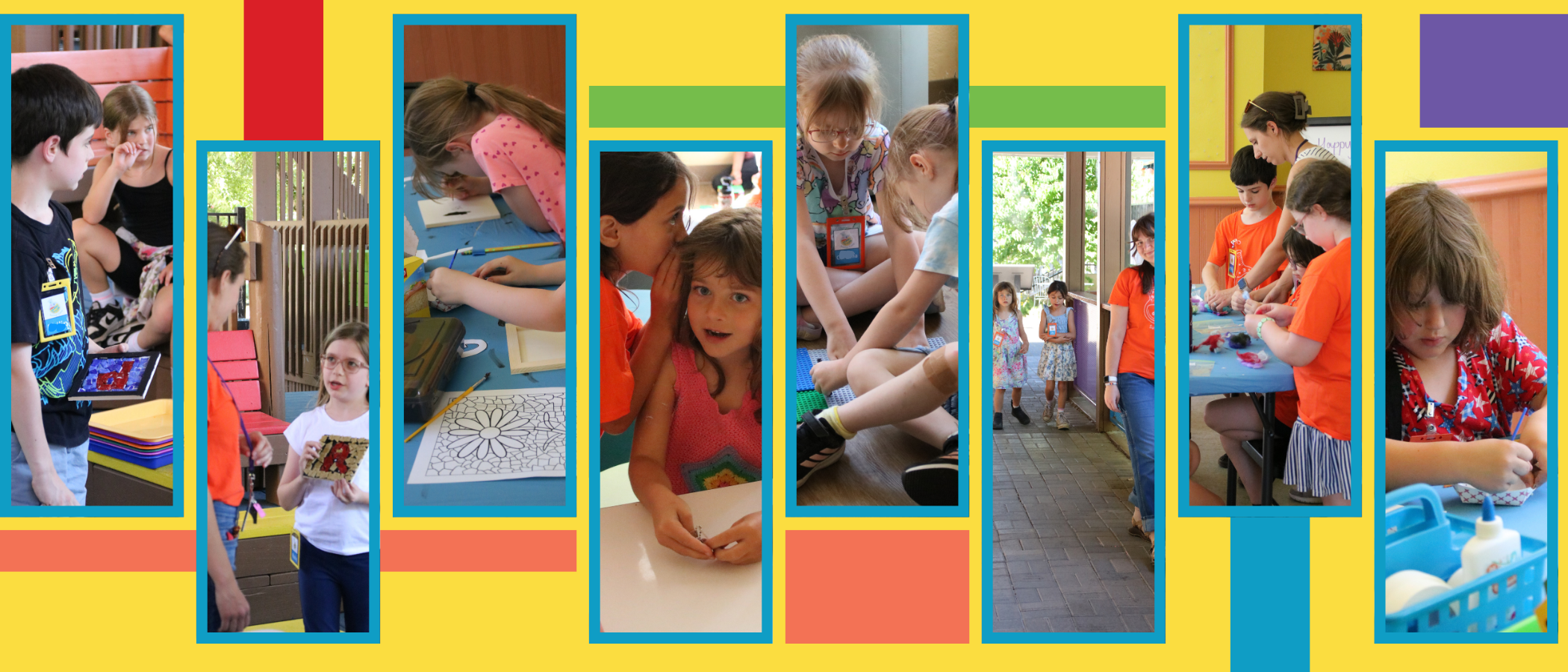 Children engaged in various activities at a school or daycare, including crafting, coloring, and socializing indoors and outdoors, with some wearing orange shirts and others in casual clothes.