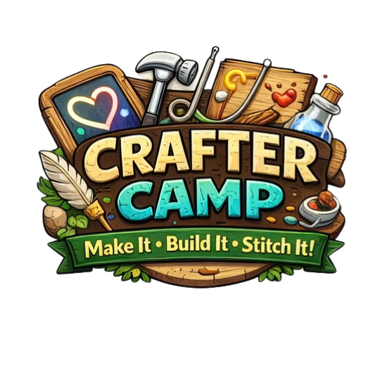 Colorful logo for Crafter Camp with tools and crafting supplies such as a hammer, paintbrush, wooden plank, leaf, and a bottle, along with the slogan 'Make It, Build It, Stitch It!'