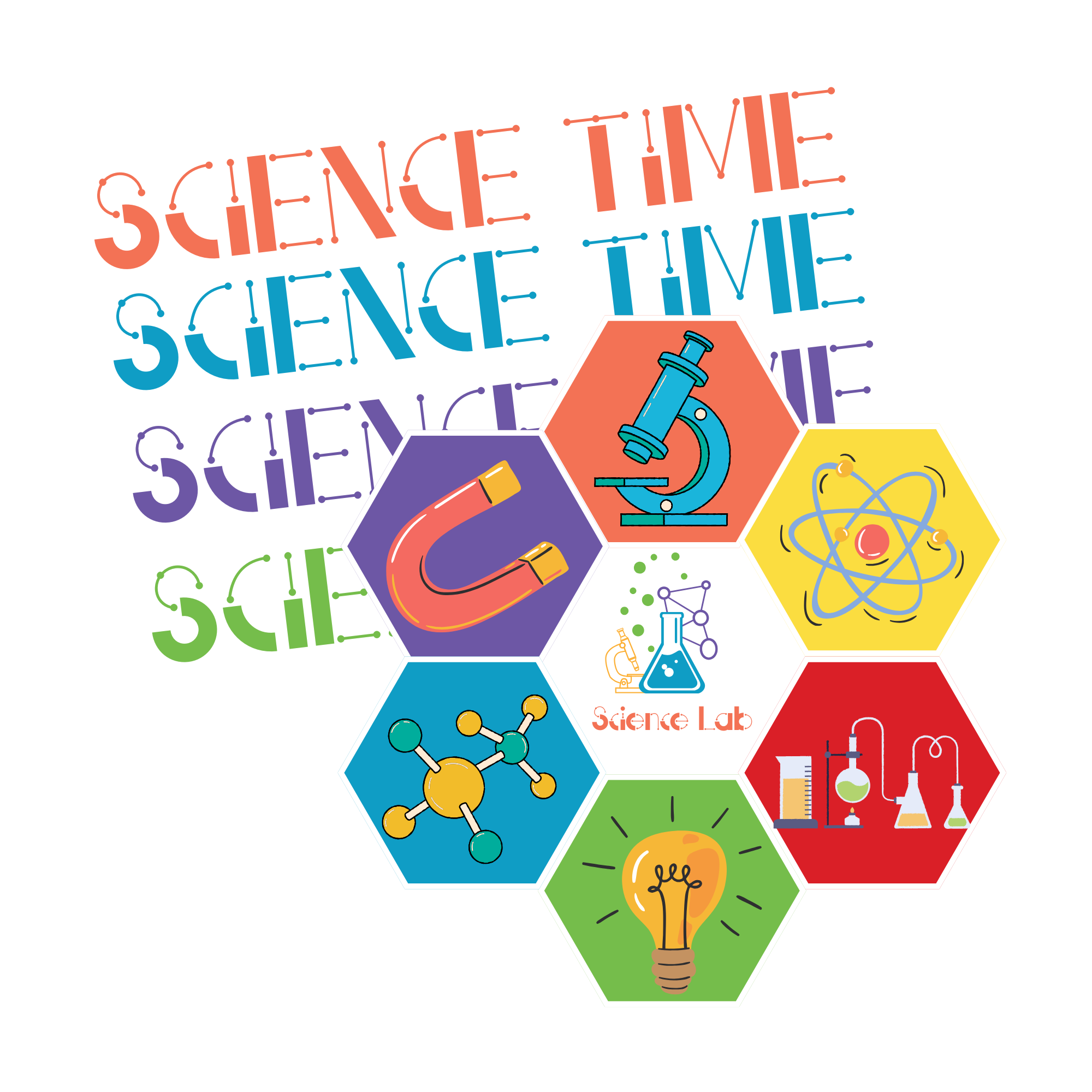 Colorful illustration with the phrase 'Science Time' repeated three times in red, blue, purple, and green text. Features illustrations of a microscope, magnet, atom model, molecular structure, light bulb, and chemistry lab symbols inside hexagons, with a small 'Science Lab' label.