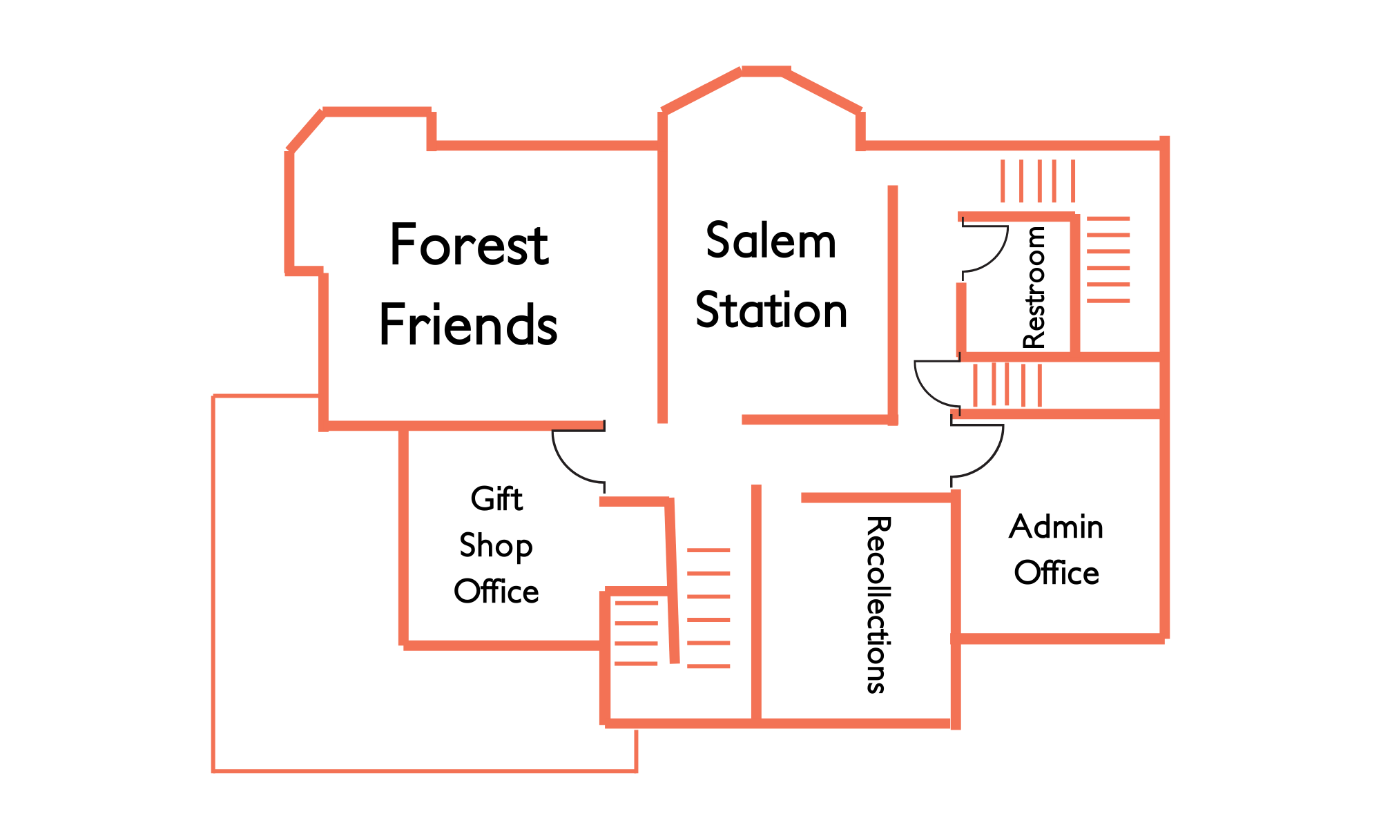 Floor plan for Rockenfield House Floor 2 featuring the Forest Friends nature exhibit, Salem Station train role-play, and the Recollections gallery.