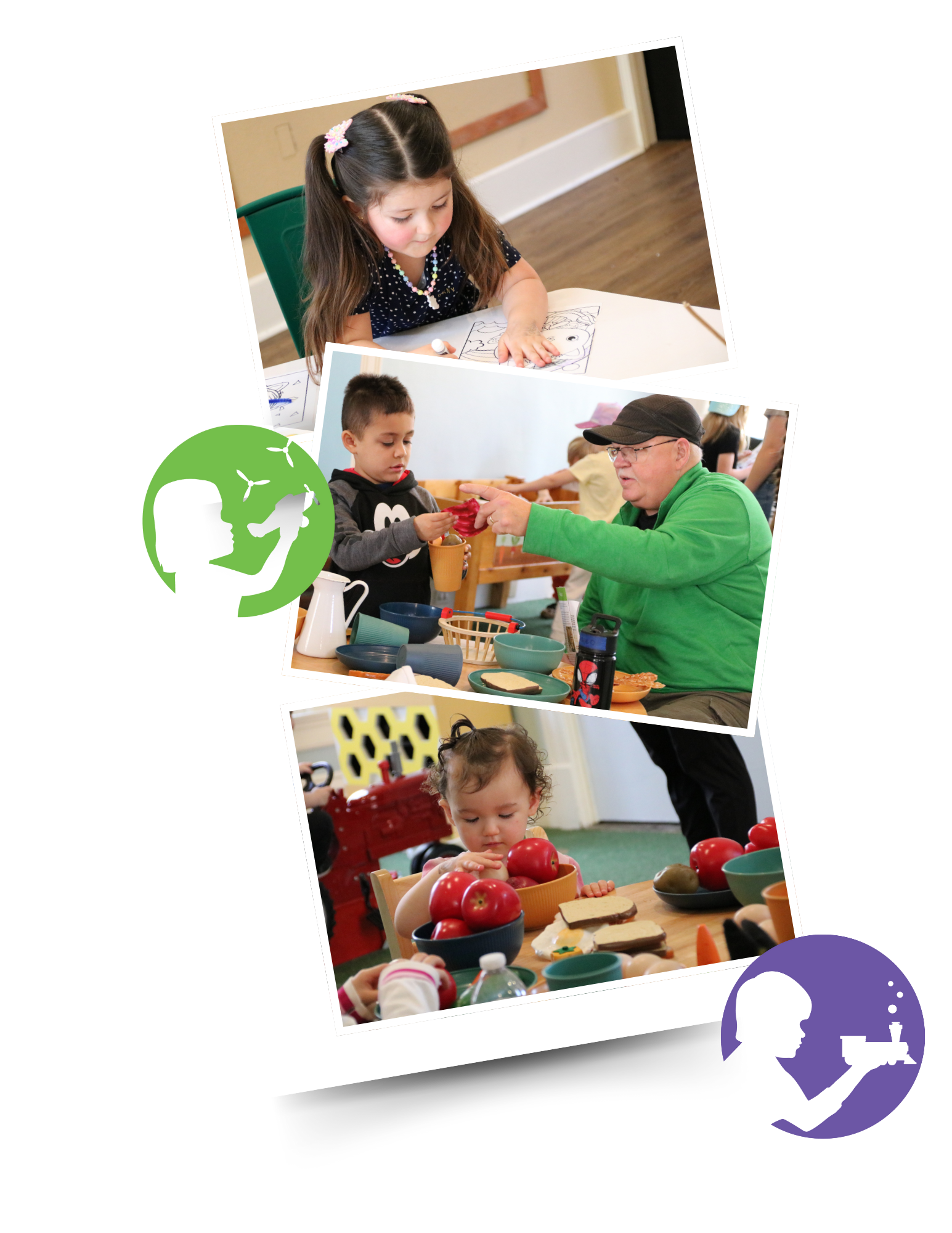 A vertical stack of three photos showing a girl coloring, a man and boy playing in farm to table, and a toddler playing with plastic fruit.