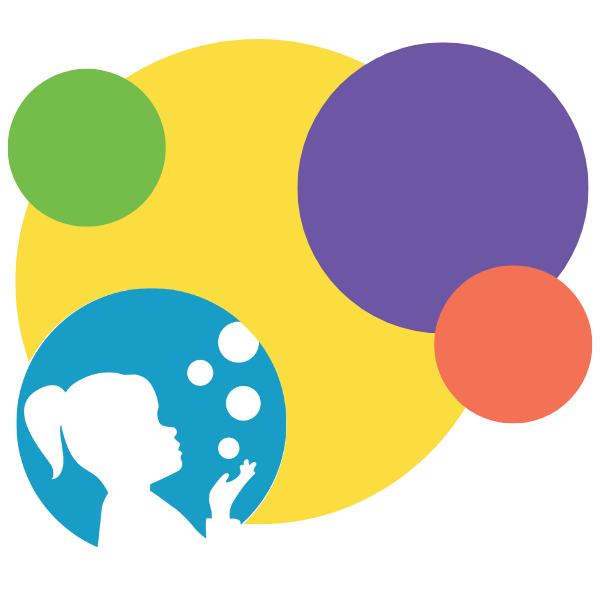 A silhouette of a young girl blowing bubbles inside a blue circle, overlaid on a large yellow circle with purple, green, and orange bubbles in the background.