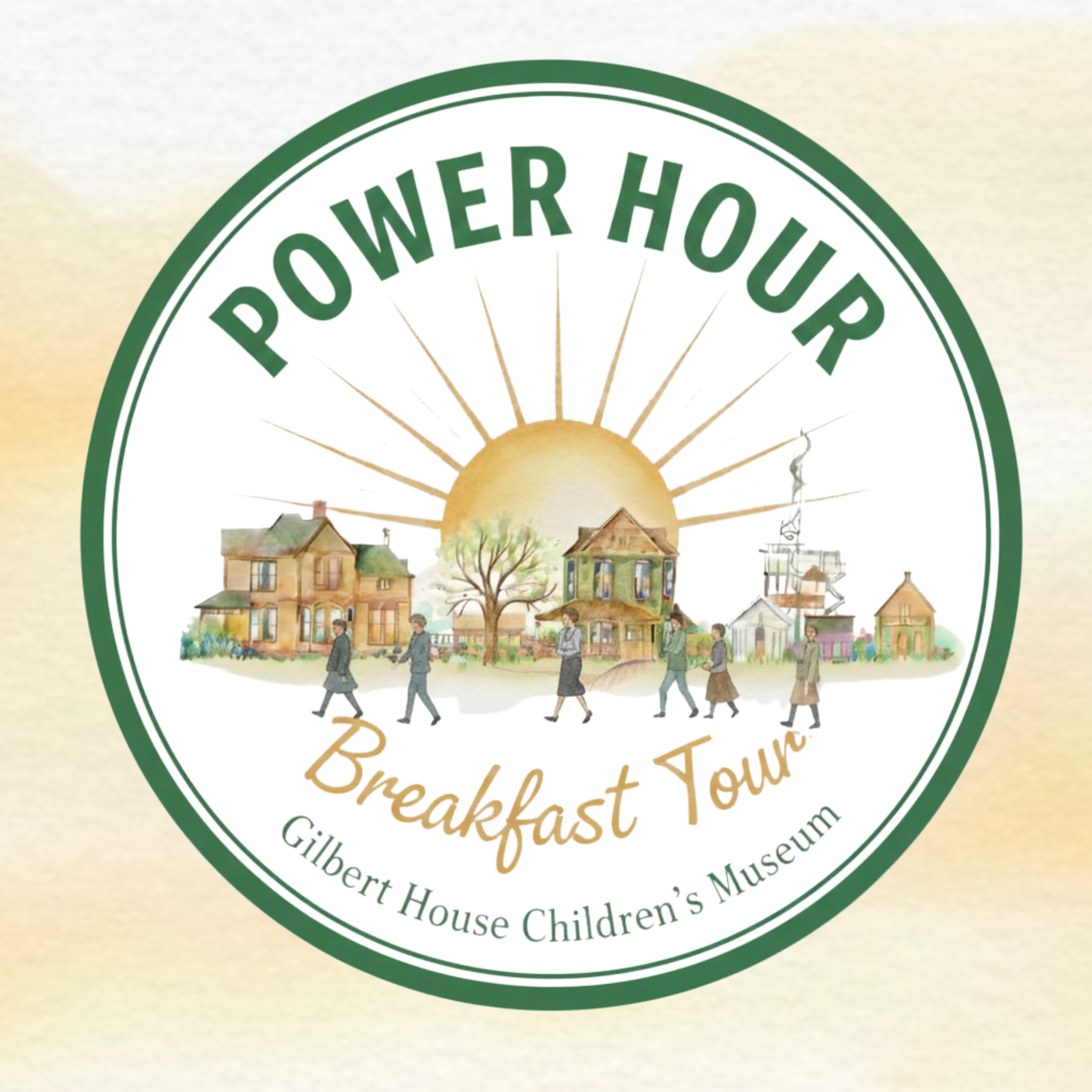 Logo for Power Hour Breakfast Tour at Gilbert House Children's Museum featuring a sun, homes, and children walking