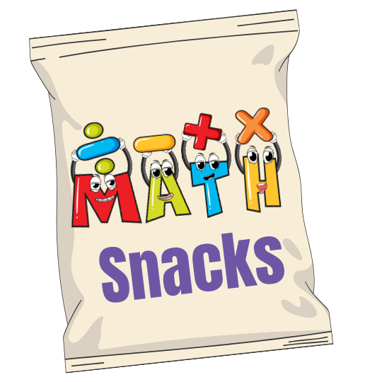 Colorful cartoon-style snack bag with the words "Math Snacks" and animated eyes and facial expressions on the letters.