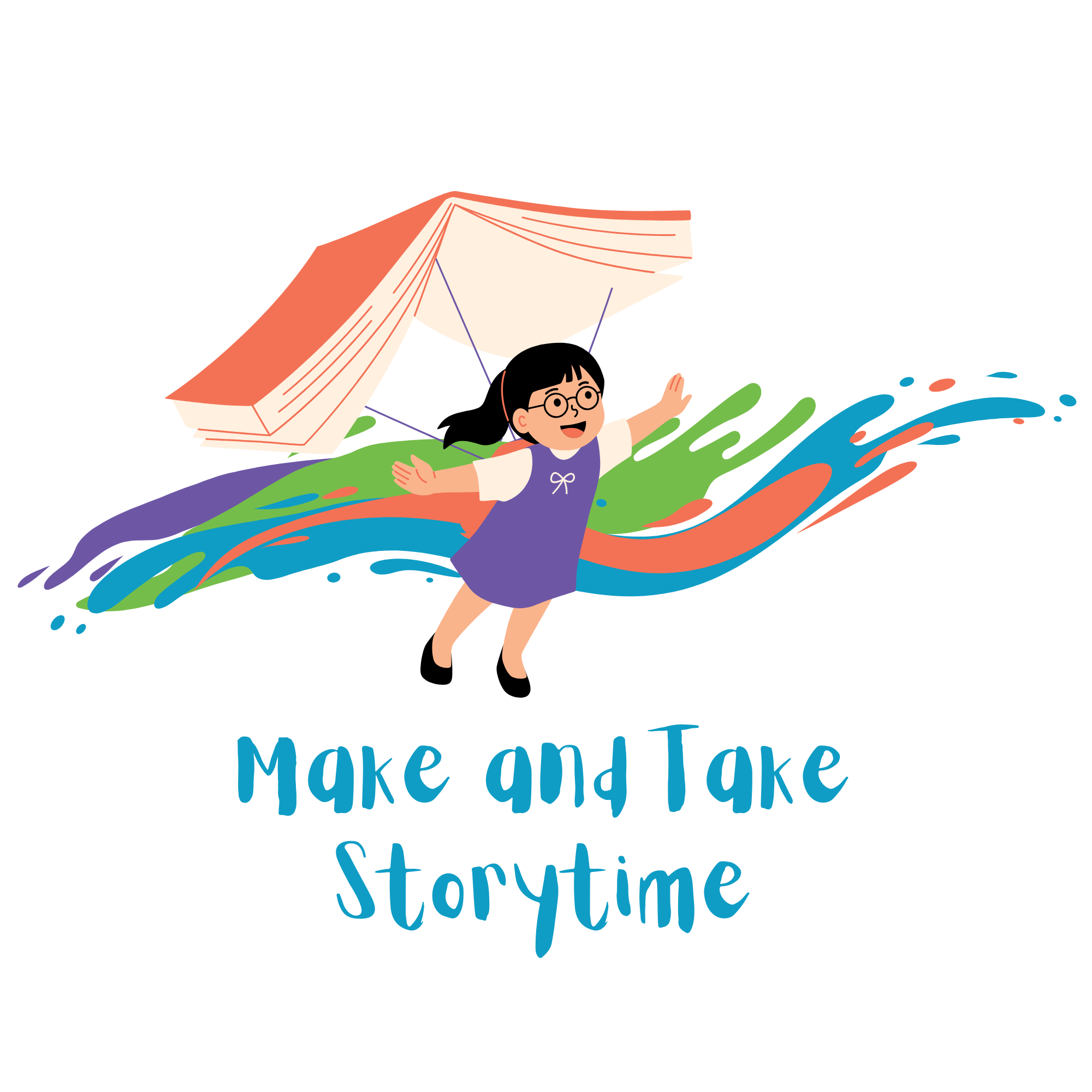 Girl flies over a rainbow with an book as a parachute, symbolizing imaginative storytime activity.