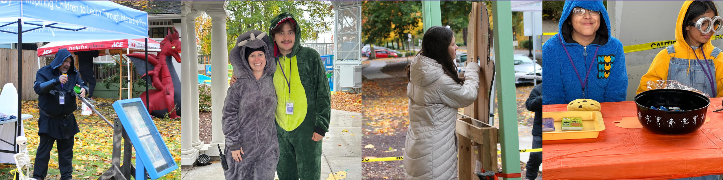 Group of children and adults dressed in Halloween costumes participating in outdoor activities and Trick-or-Treating during the daytime.