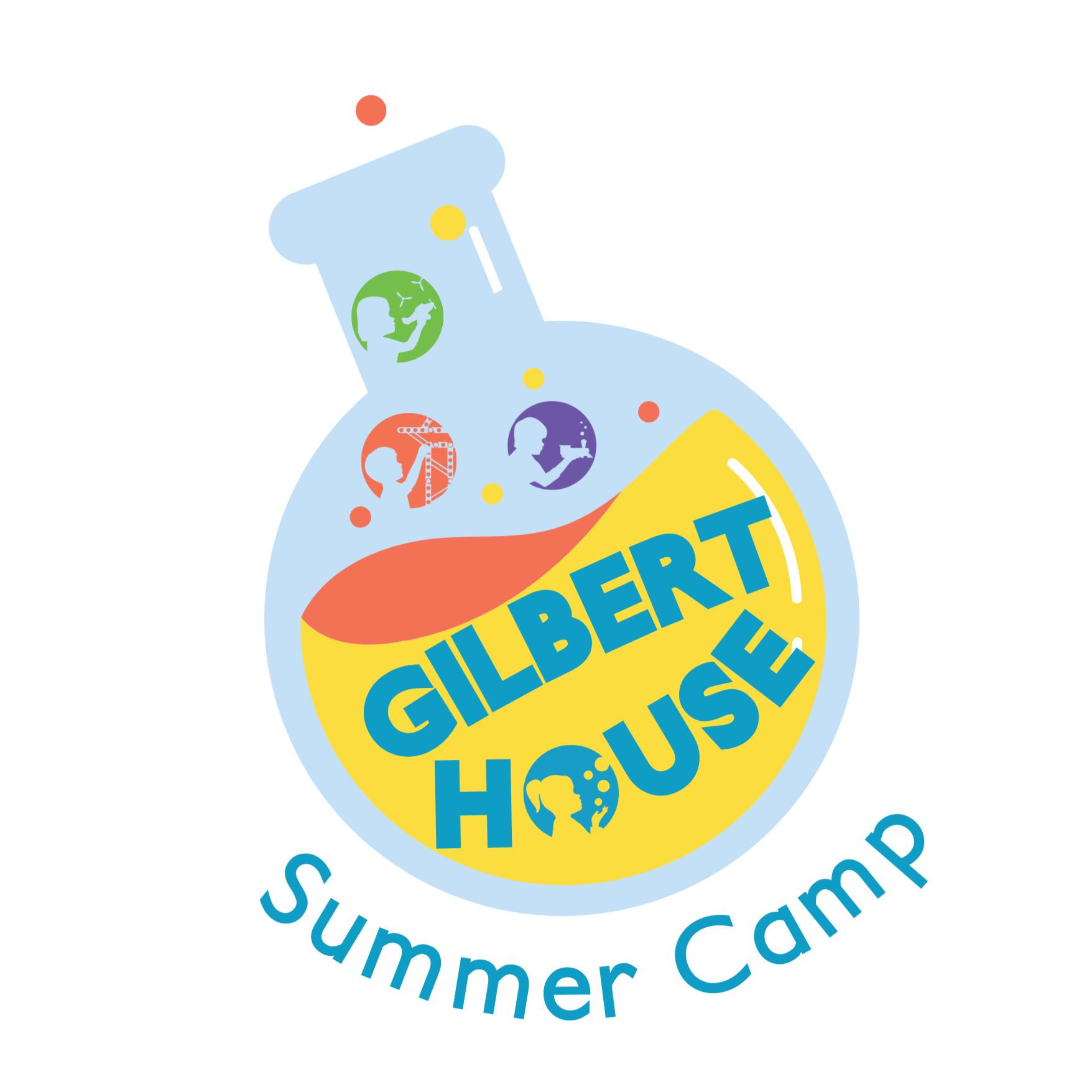 Science flask illustration labeled "Gilbert House Summer Camp" with icons of discovery inside.