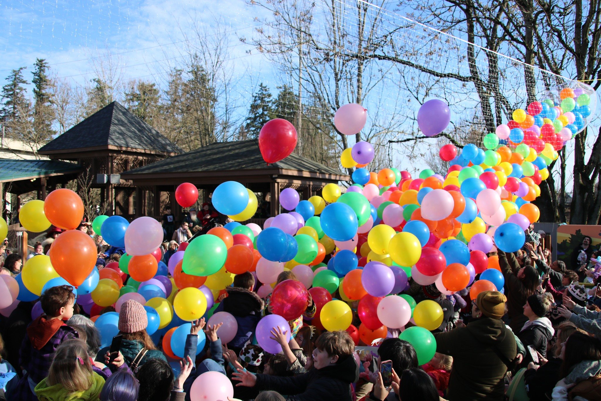 Children and adults releasing colorful balloons outdoors on a sunny day with trees and a pavilion in the background.