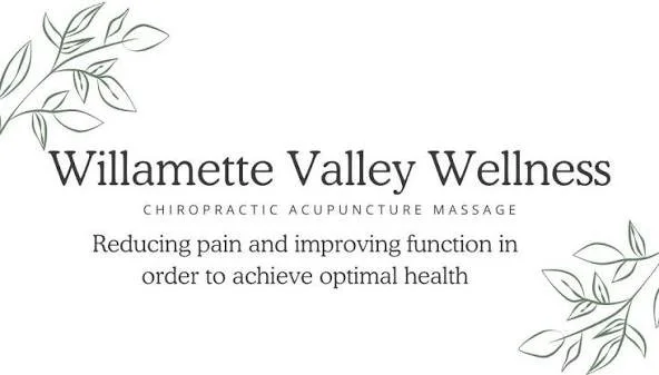 Business card for Willamette Valley Wellness, offering chiropractic acupuncture massage services, with decorative leaves in the corners.