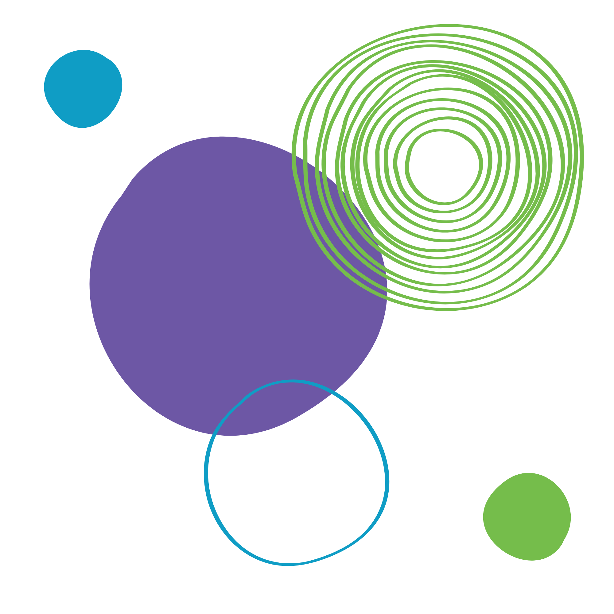 Abstract design with overlapping circles in blue, purple, green, and teal on a black background.