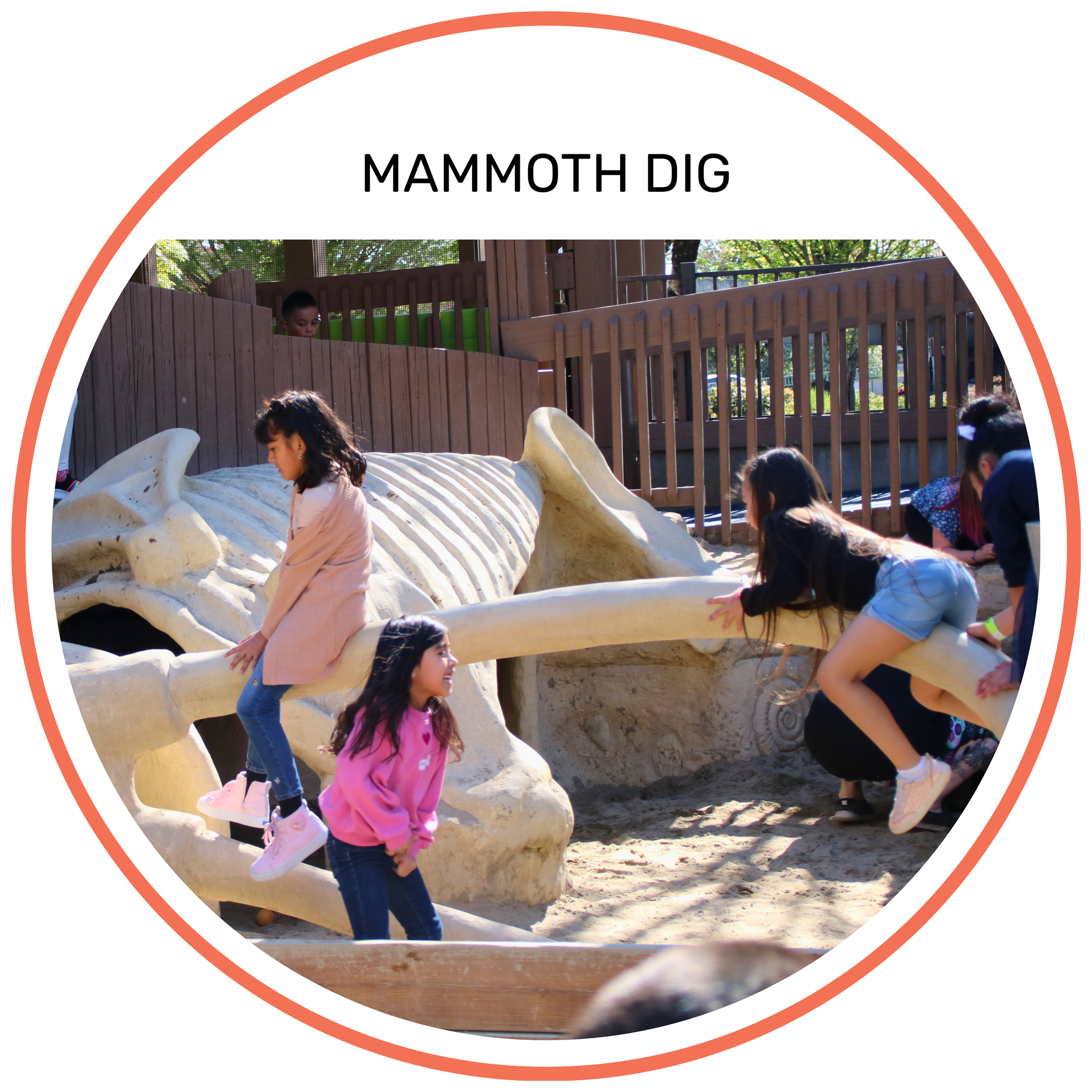 Children playing on a dinosaur-shaped sandbox at a playground, with the label 'MAMMOTH DIG' at the top.