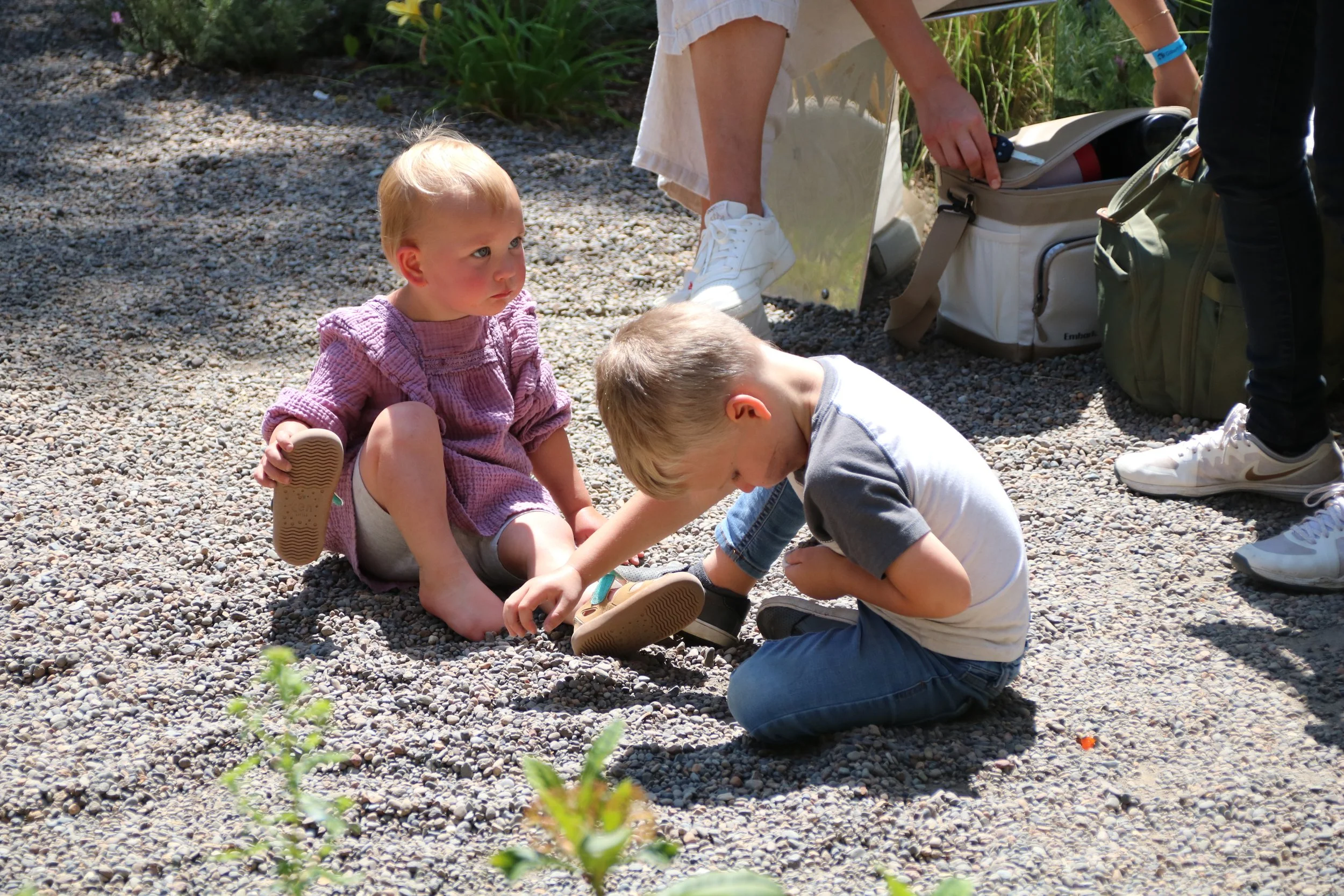 Two young children sitting on a gravel ground outdoors. A girl with a purple top and a boy in a white and gray shirt are examining something on the ground. An adult in the background is kneeling near bags and wearing white sneakers.