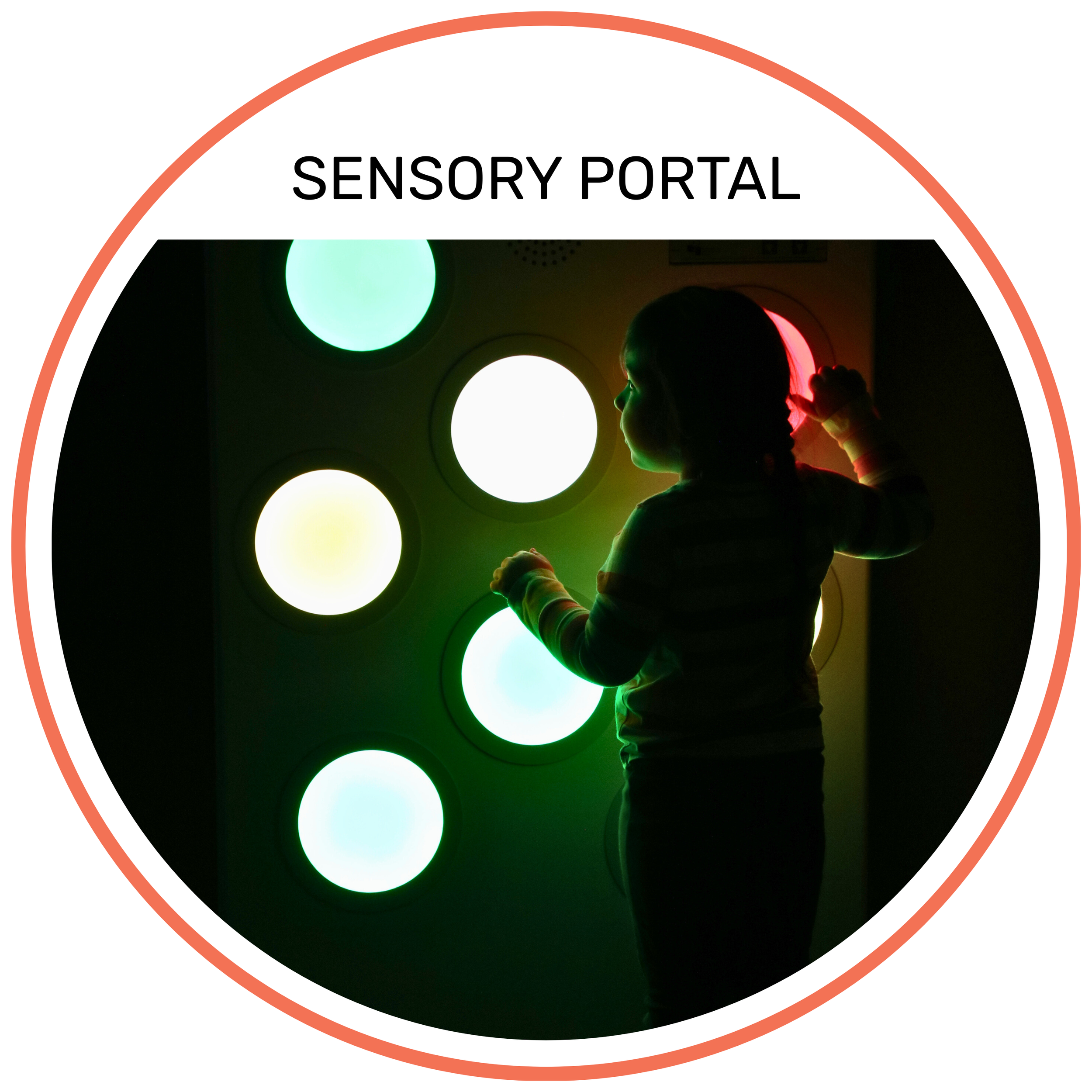 Child interacting with large, circular lights in a darkened, immersive sensory room exhibit.