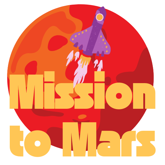 A cartoon illustration of a spaceship launching in front of Mars, with the words "Mission to Mars" in bold yellow letters.