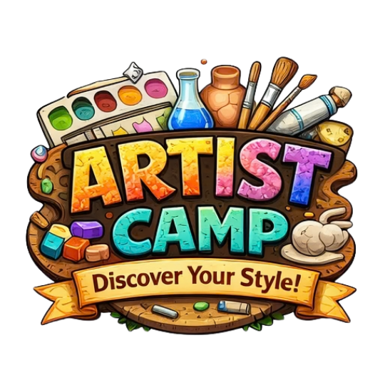 Colorful logo for Artist Camp featuring paint, brushes, clay, and art supplies with the slogan "Discover Your Style!".