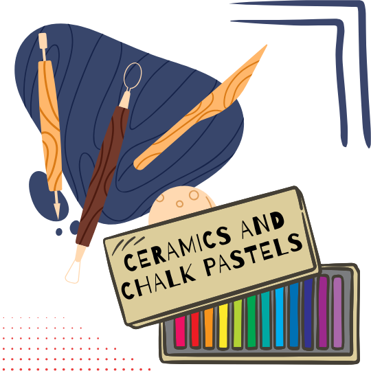 Arrangement of art supplies including ceramic tools, chalk pastels, a sketchbook, and a box of colorful chalk pastels with a sign reading 'Ceramics and Chalk Pastels.'
