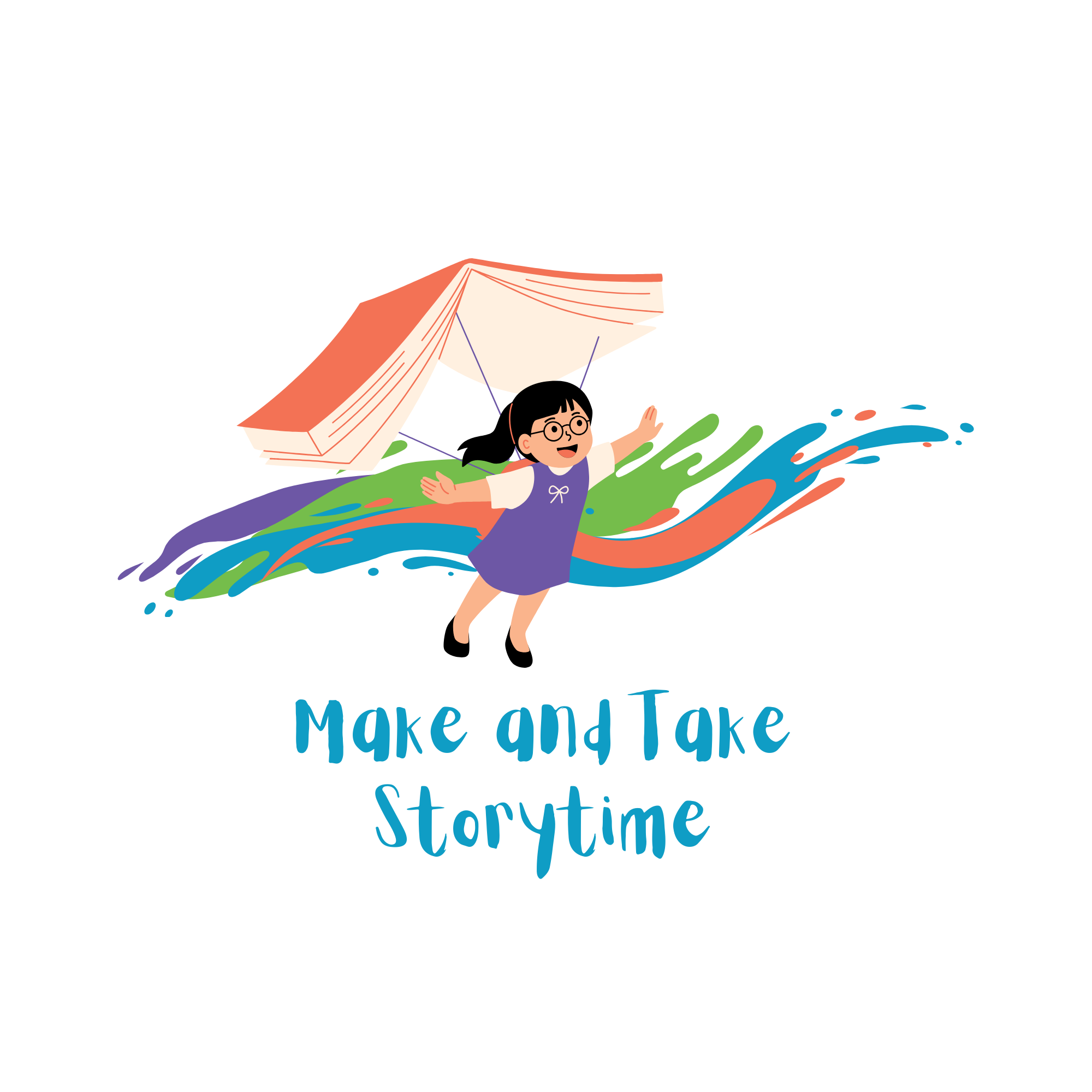 Illustration of a girl with glasses and a purple dress floating above colorful water with a large open book above her, and the words 'Make and Take Storytime' written below.