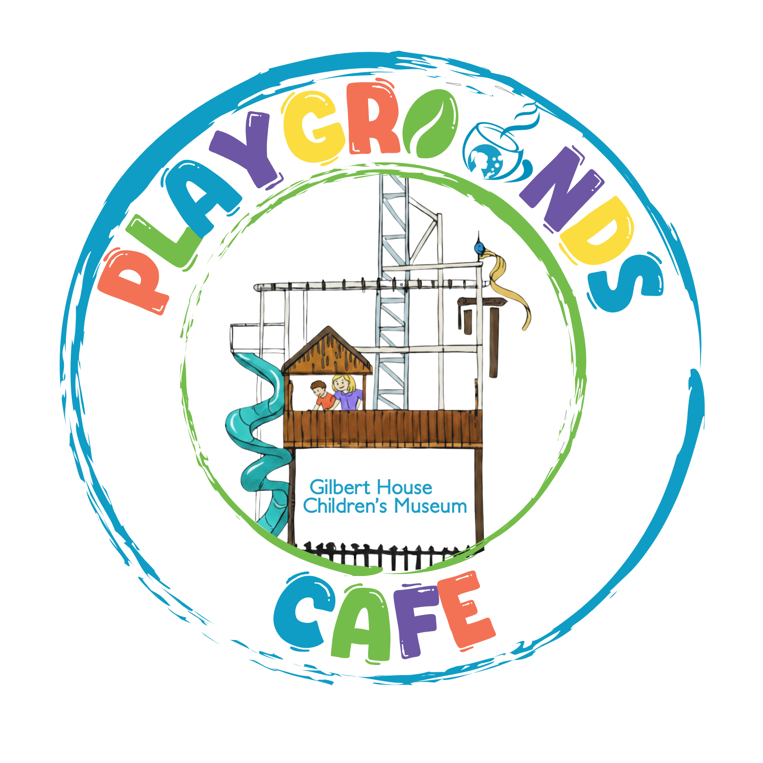 Colorful circular logo for the "Playgrounds Cafe" at the Gilbert House Children's Museum, featuring a drawing of a playhouse with a slide, coffee cup icon, and vibrant text.