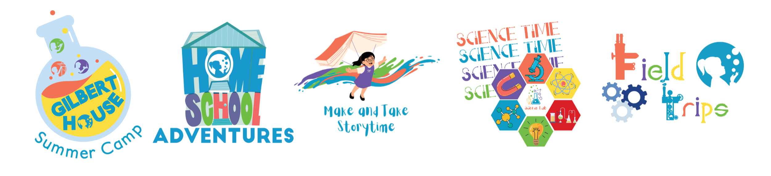 Colorful digital banner promoting summer camp and science activities for kids, featuring a beaker with the camp name, a school building with a globe, a girl with paint splashes, atomic and science icons, and colorful text about field trips.