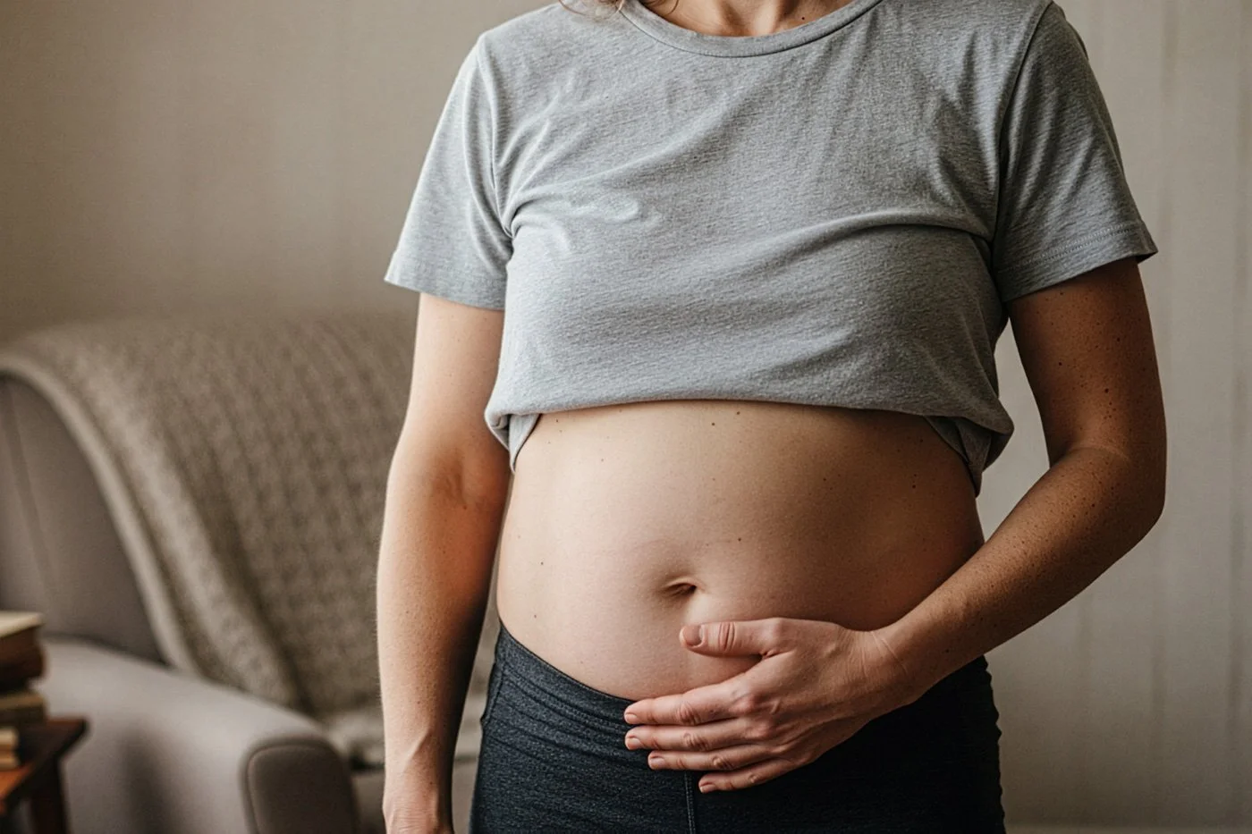 Person experiencing abdominal bloating and digestive discomfort, illustrating common gut symptoms such as bloating, fullness, and abdominal pressure.