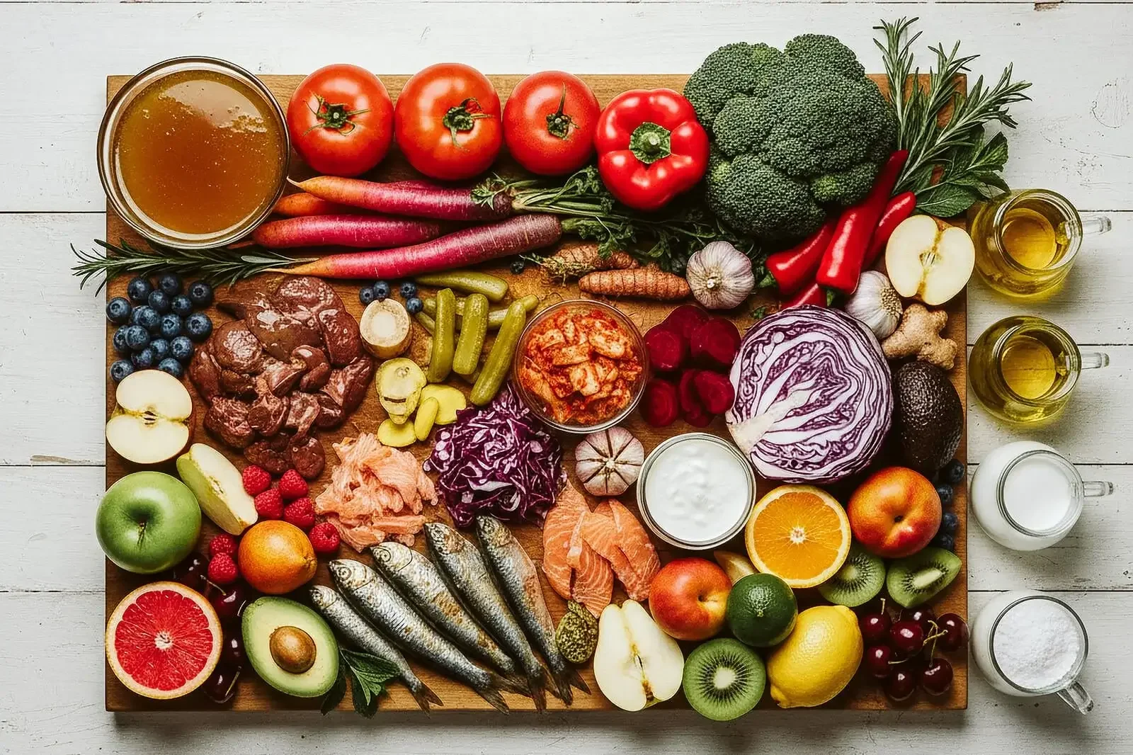 A colourful flat-lay of AIP-approved whole foods — vegetables, fruit, fermented foods, fish, herbs, and healthy fats — representing the Autoimmune Protocol Diet explained by Lantern Clinic for Functional Medicine.