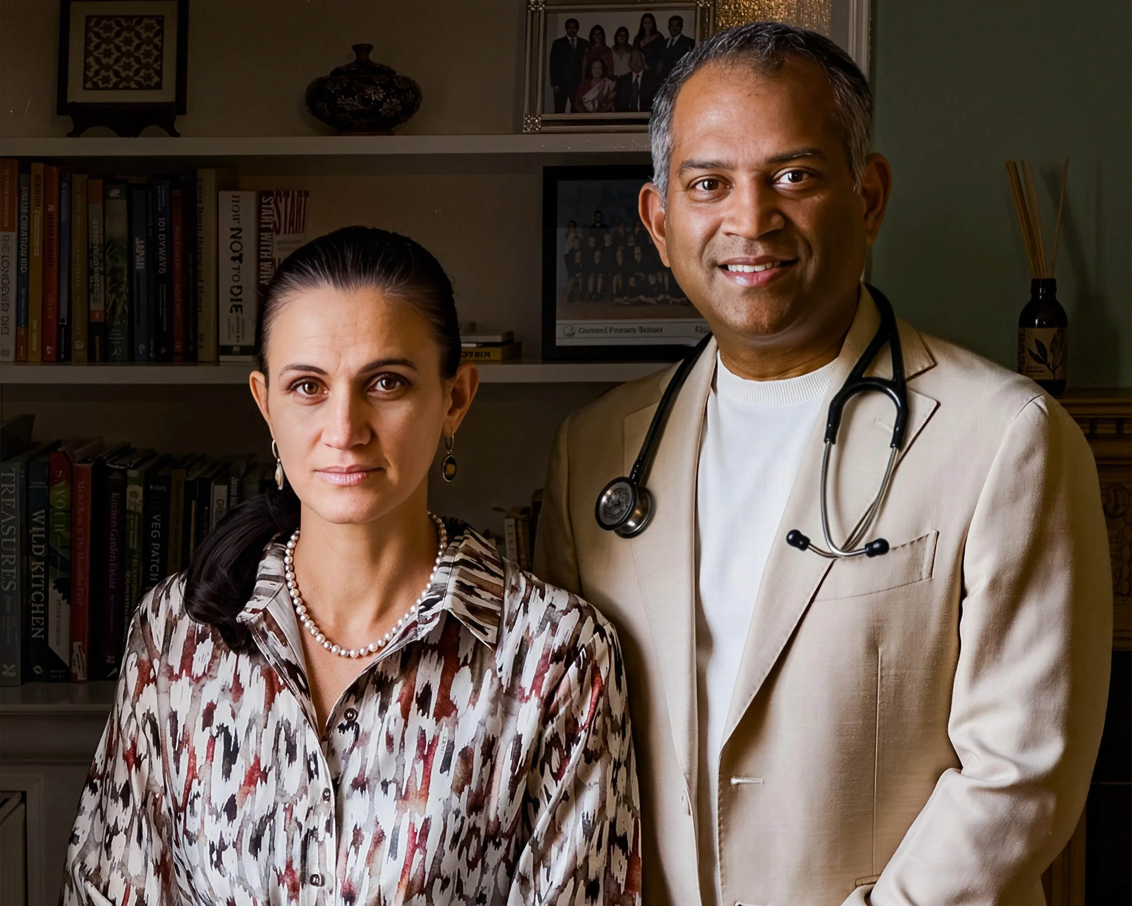 Portait of Dr Margarita Kitova John and Dr Oommen John practitioners at the Lantern Clinic for Functional Medicine on the Isle of Wight.