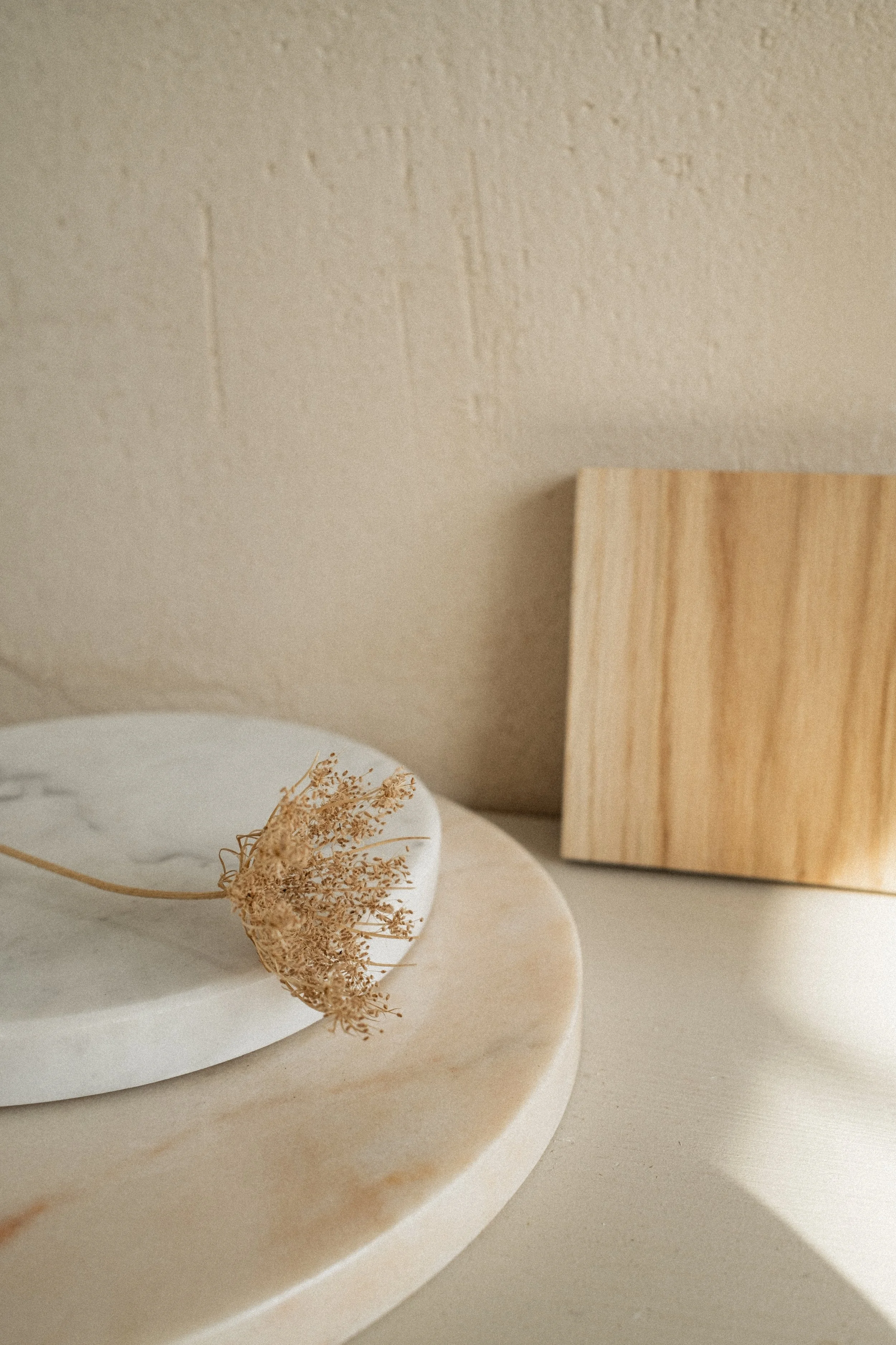 A dried plant placed on a round white marble tray with a beige and brown veined marble surface, beside a wooden square block, against a beige textured wall.