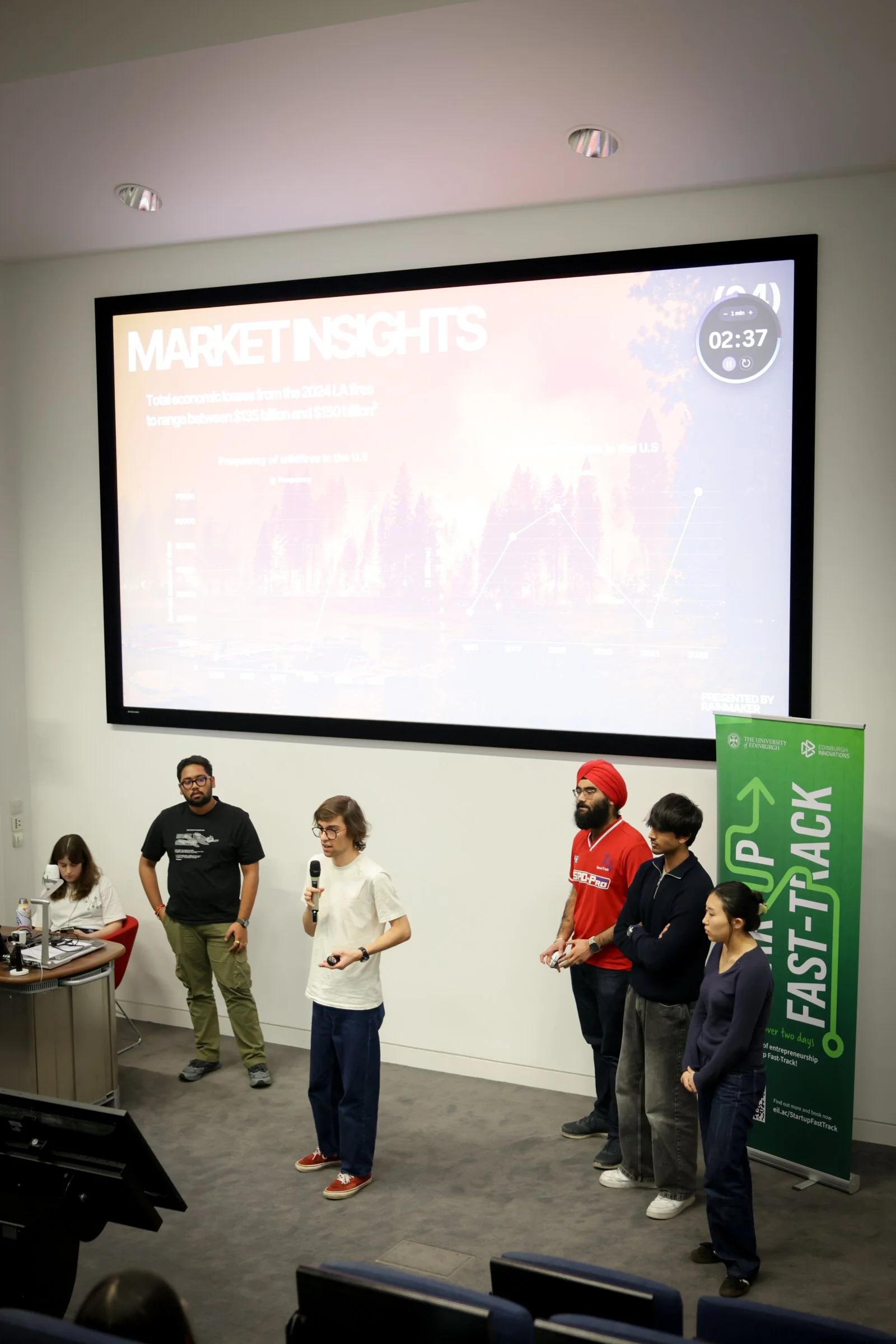 Group of five people standing in front of a large screen and a green Up Fast-Track banner, giving a presentation in a classroom or conference room.
