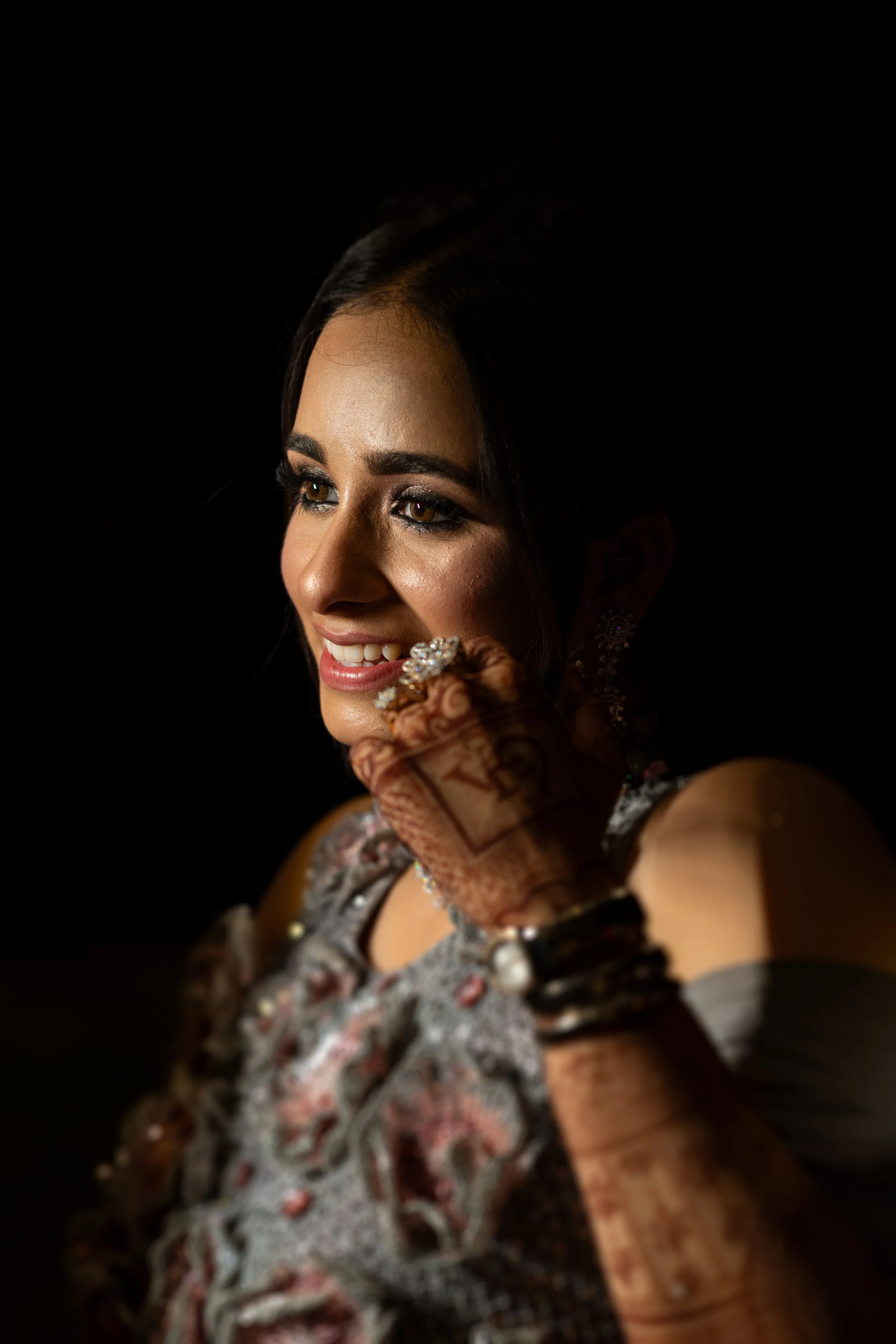 Close-up of a smiling woman with traditional makeup and jewelry, wearing henna on her hand and jewelry, on a black background.