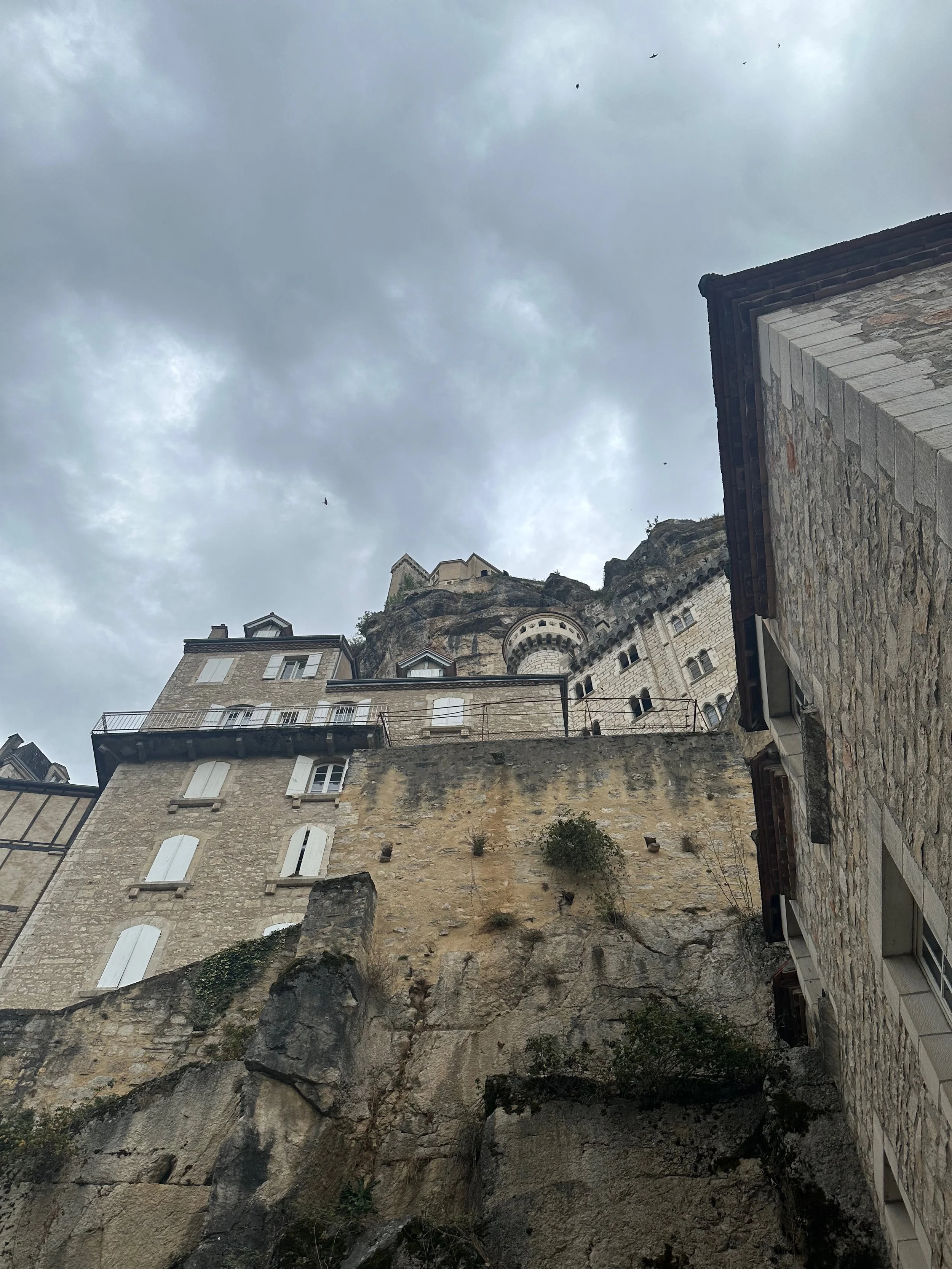 Looking up, towards the church