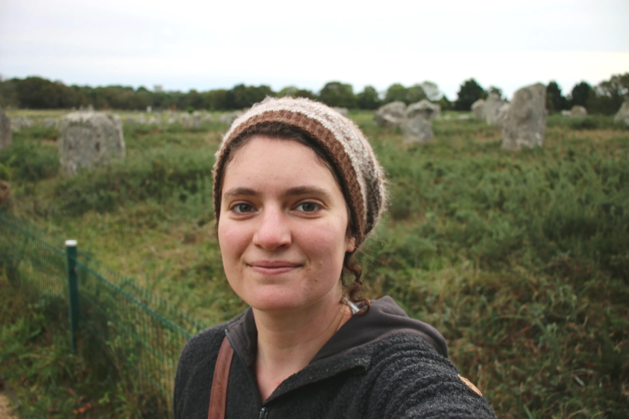 Larkin Pazanova Bean selfie at Carnac France Druid Monument Monolyths