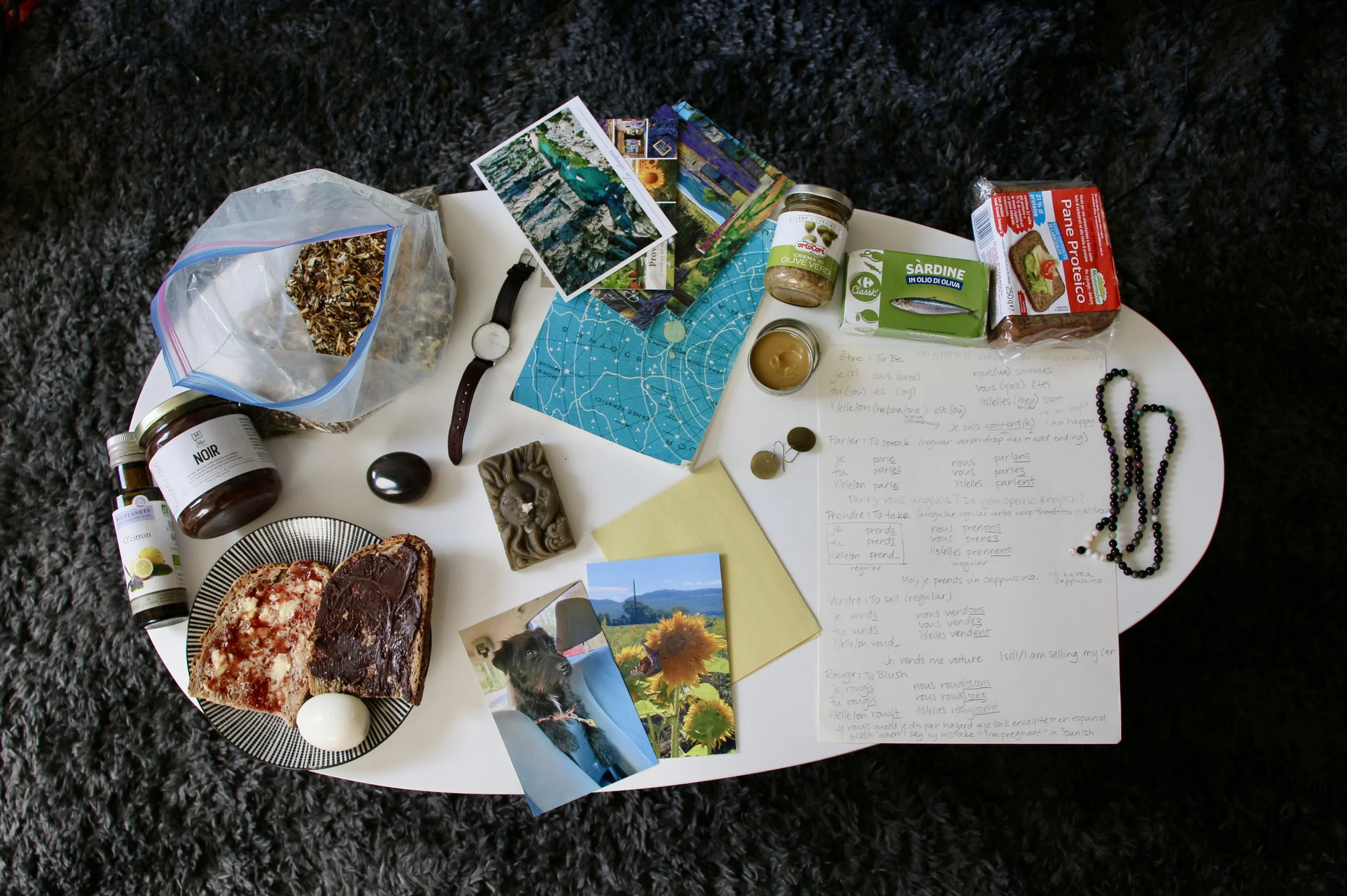 I took a minute to lay out all the resourcing things of the moment - J teaching me french, an unopened letter from home, a bag of herbs for offerings...